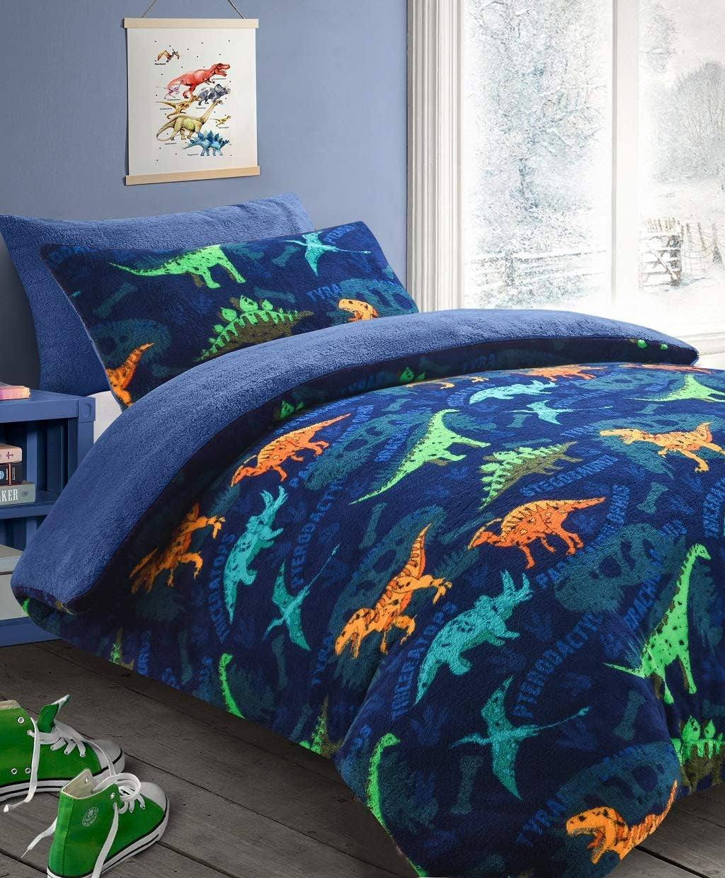 Fluffy Fleece Bedding Set- Super Soft Thermal Warm Fleece for Kids and Adults Quilt Cover & Bedding Sets- Cuddly Sherpa Quilt (Dinosaur, Single)
