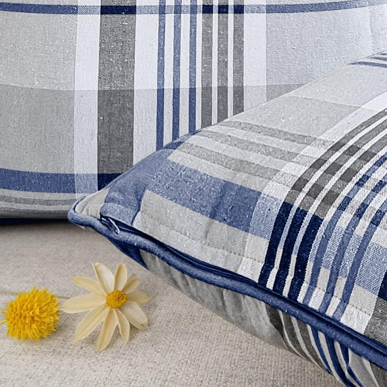 Tartan Check Plaid Design, Tartan Cushion with Covers, Cotton Tartan Scottish Checked Edge Cushion, Striped Decorative Pillowcase for Home Sofa Bedroom Living (Pack of 2) (24X24, Blue)