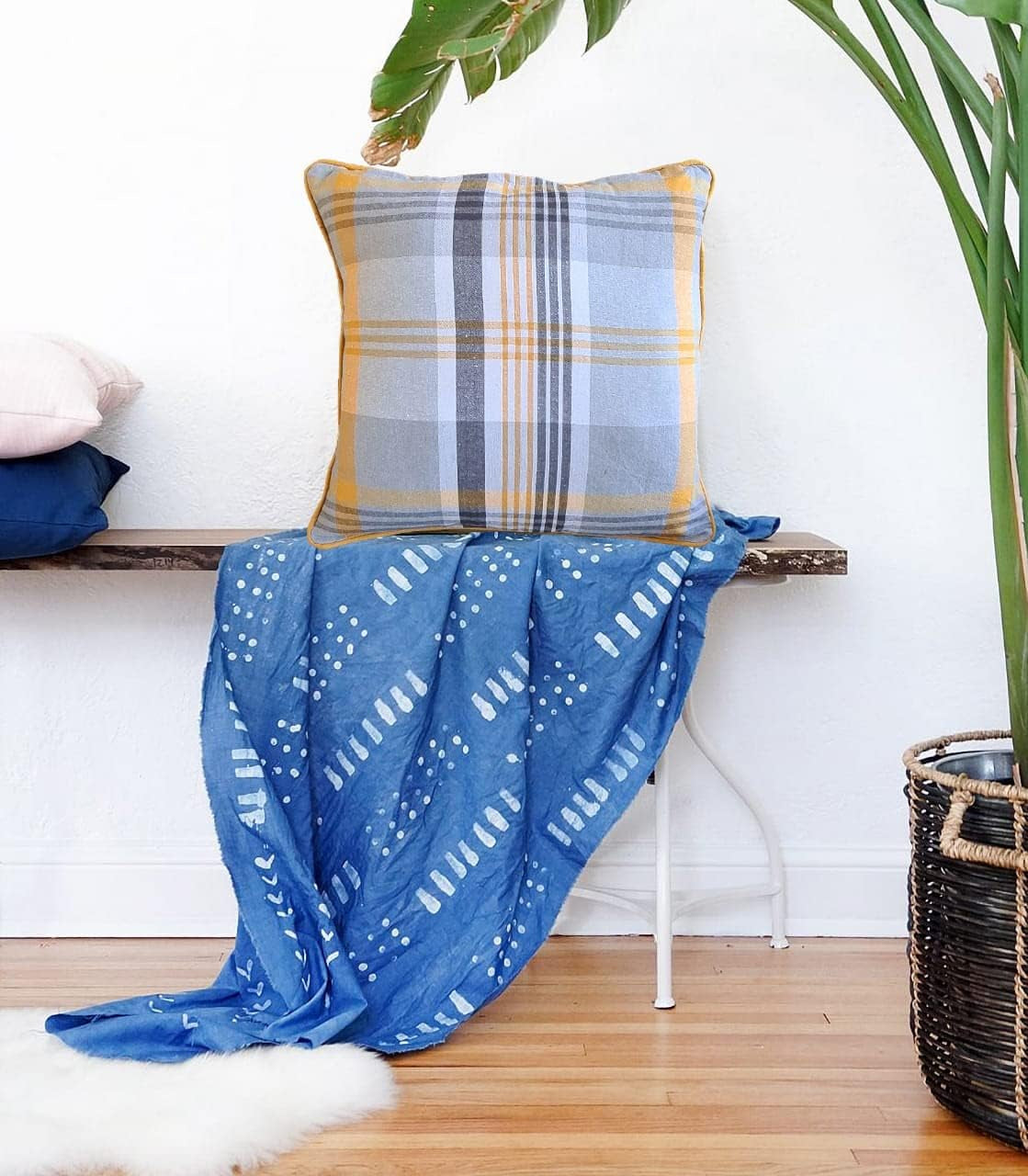 Tartan Check Plaid Design, Tartan Cushion with Covers, Cotton Tartan Scottish Checked Edge Cushion, Striped Decorative Pillowcase for Home Sofa Bedroom Living (Pack of 2) (18X18, Blue)