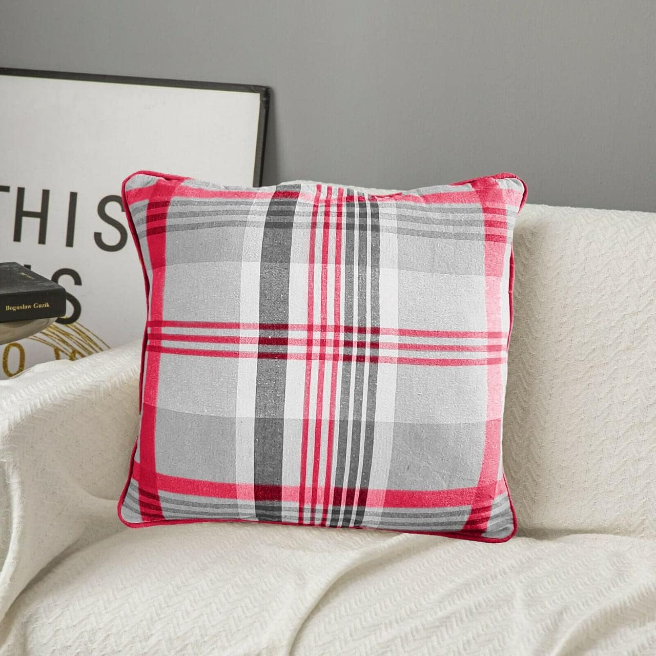 Tartan Check Plaid Design, Tartan Cushion with Covers, Cotton Tartan Scottish Checked Edge Cushion, Striped Decorative Pillowcase for Home Sofa Bedroom Living (Pack of 2) (24X24, Pink)