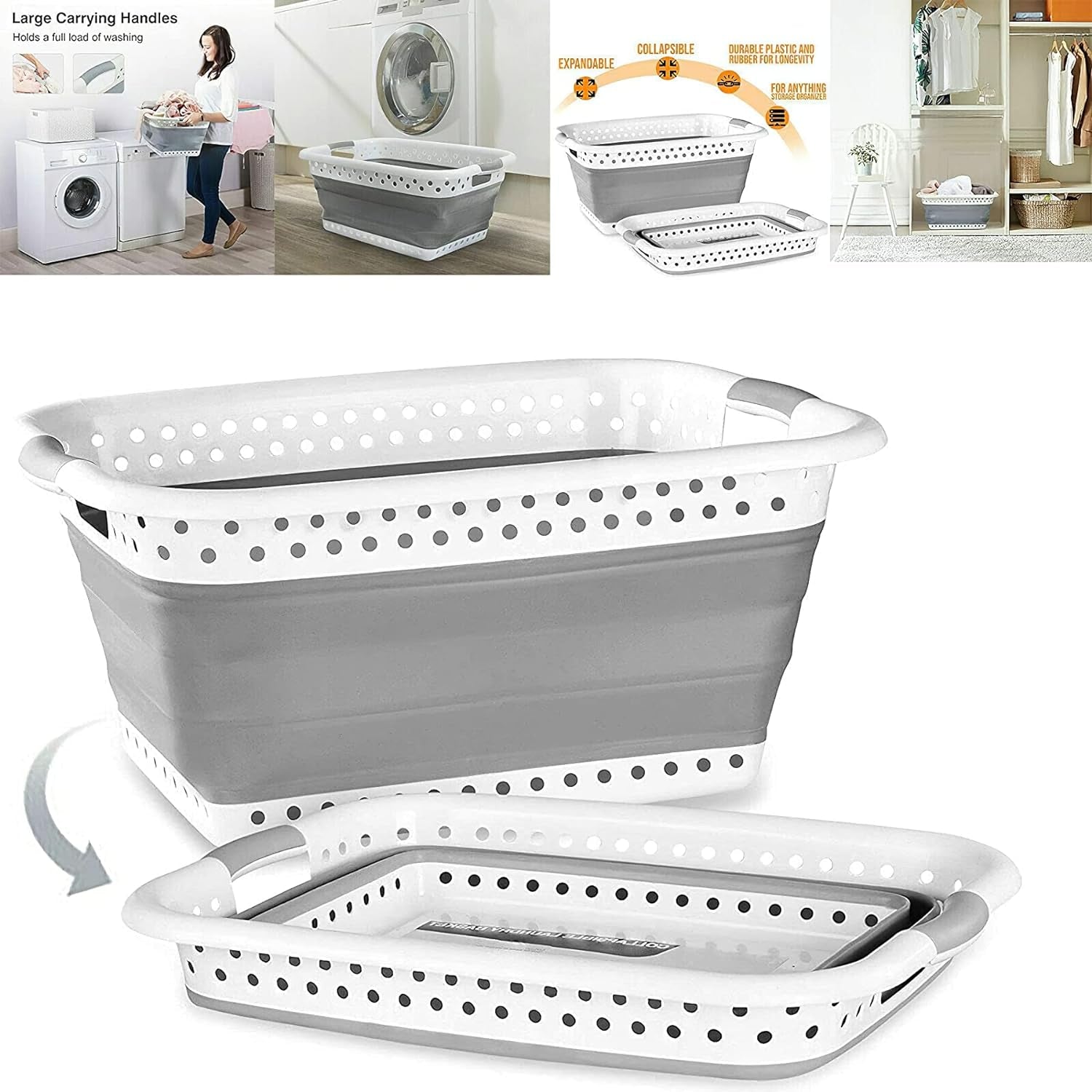 Laundry Basket Collapsible- Washing and Storage Baskets for Clothes- Foldable Laundry Hamper- Plastic Clothes Organiser- Pop up Storage Clothes Basket (Grey)