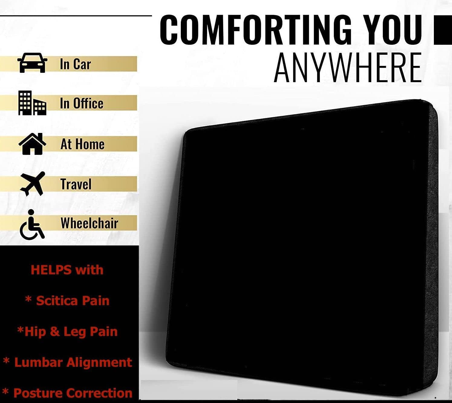 Memory Foam Wedge Cushion for Back Support, Pain Relief Posture Correction and Height Boost | Orthopaedic Seat Pad with Washable, Breathable 3D Mesh Cover - with anti Slip Bottom (Black)