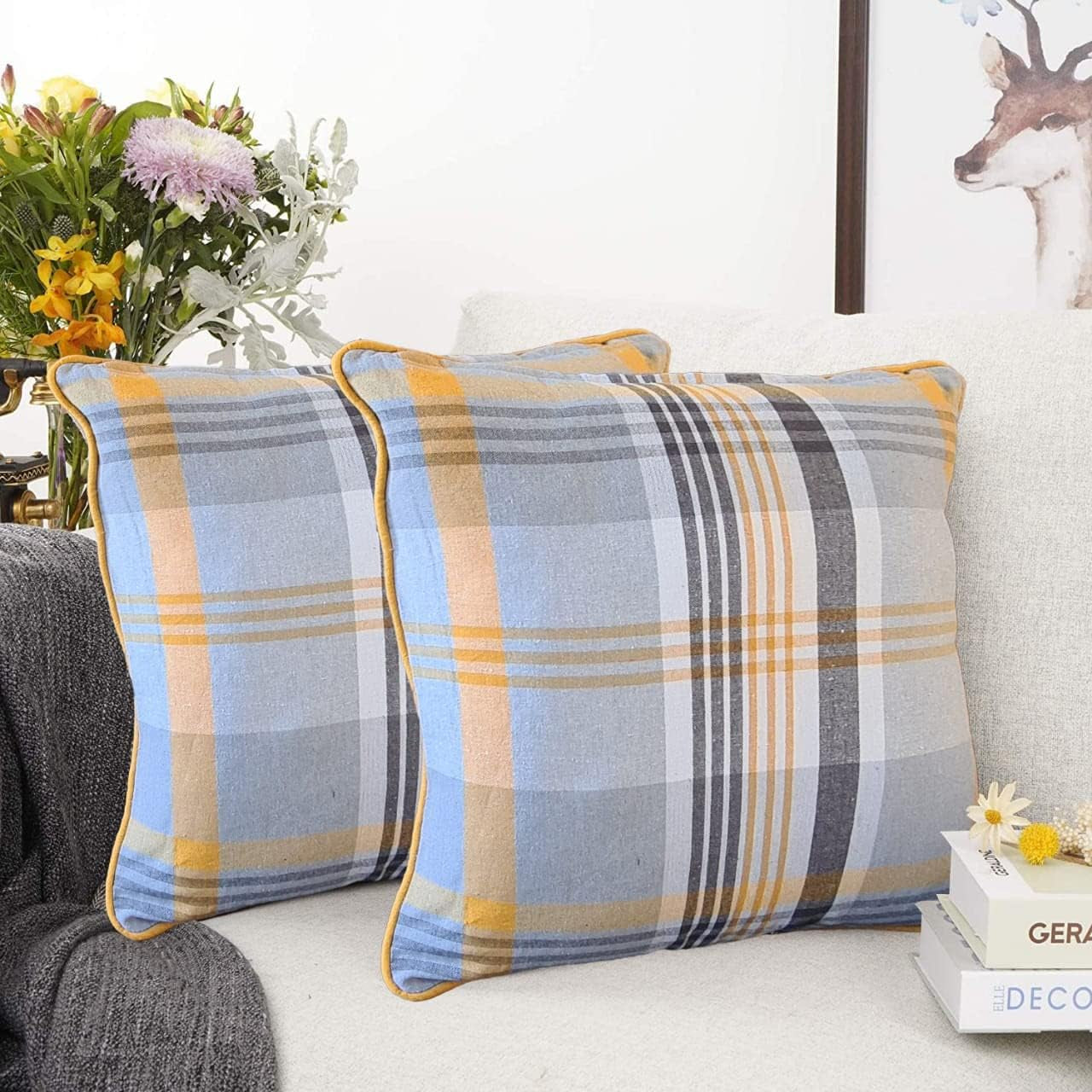 Tartan Check Plaid Design, Tartan Cushion with Covers, Cotton Tartan Scottish Checked Edge Cushion, Striped Decorative Pillowcase for Home Sofa Bedroom Living (Pack of 2) (18X18, Blue)