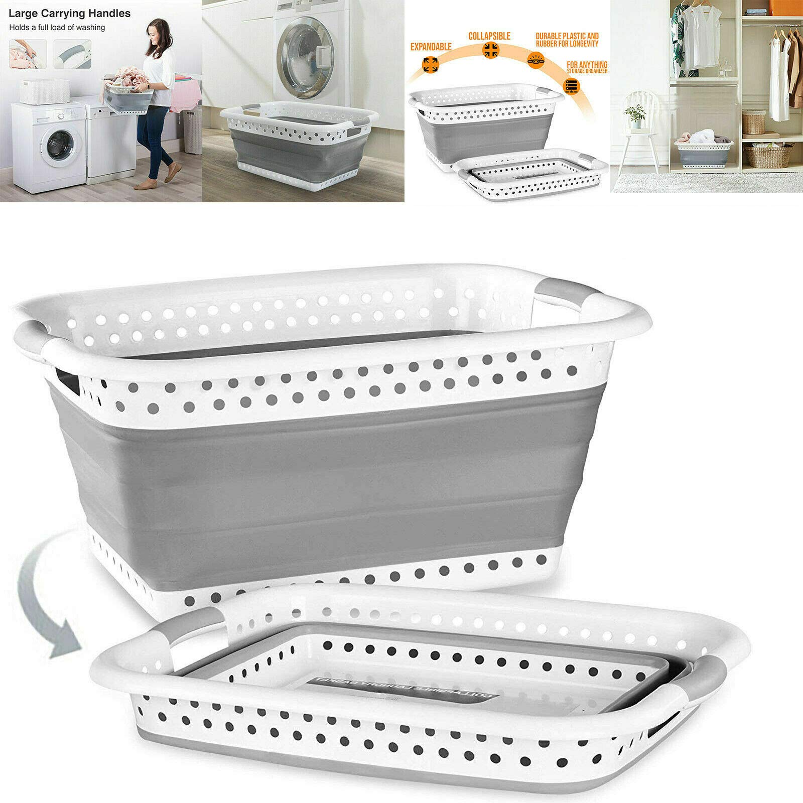 Home Essentials Inc Large Collapsible Plastic Laundry Basket - Foldable Pop-Up Laundry Basket - Square Space Saving Storage Container Organizer- Portable Plastic Laundry Basket with Handles