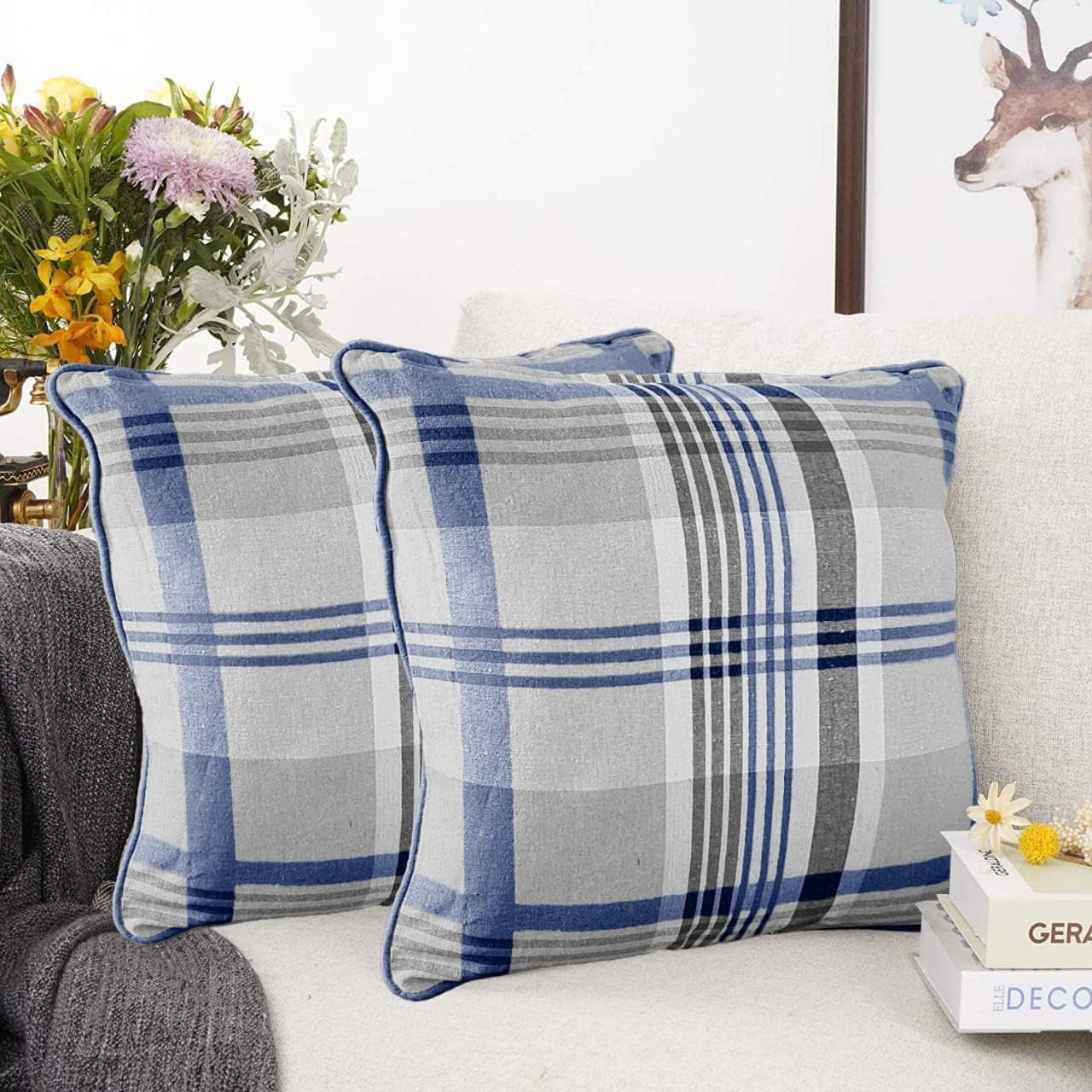 Tartan Check Plaid Design, Tartan Cushion with Covers, Cotton Tartan Scottish Checked Edge Cushion, Striped Decorative Pillowcase for Home Sofa Bedroom Living (Pack of 2) (24X24, Blue)