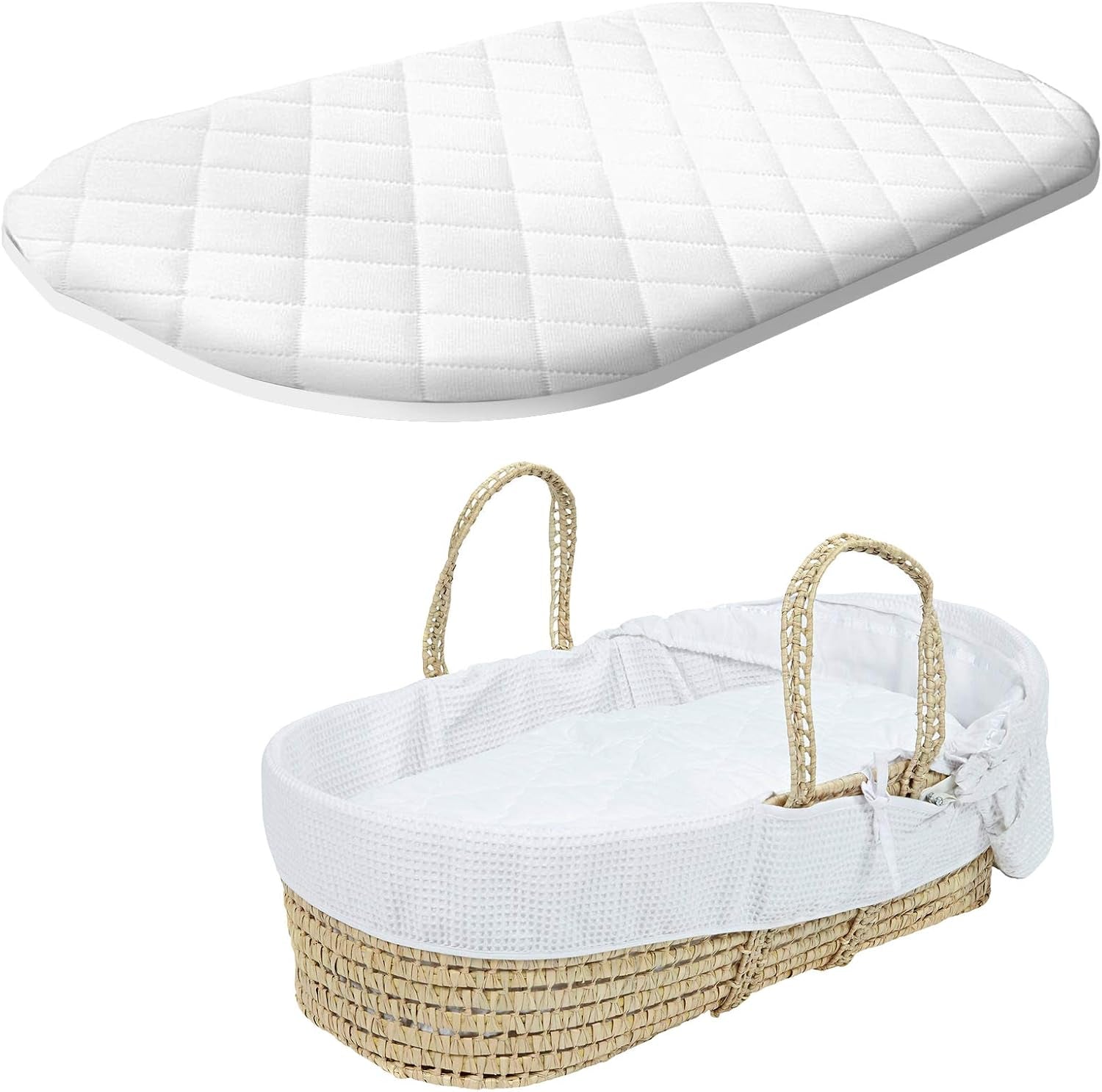 Baby Moses Basket Foam Mattress Microfiber Fits Mamas & Papas and Mothercare Pram Crib Mattress Oval Shaped Washable Quilted Cover Made in UK (76 X 30 X 4)