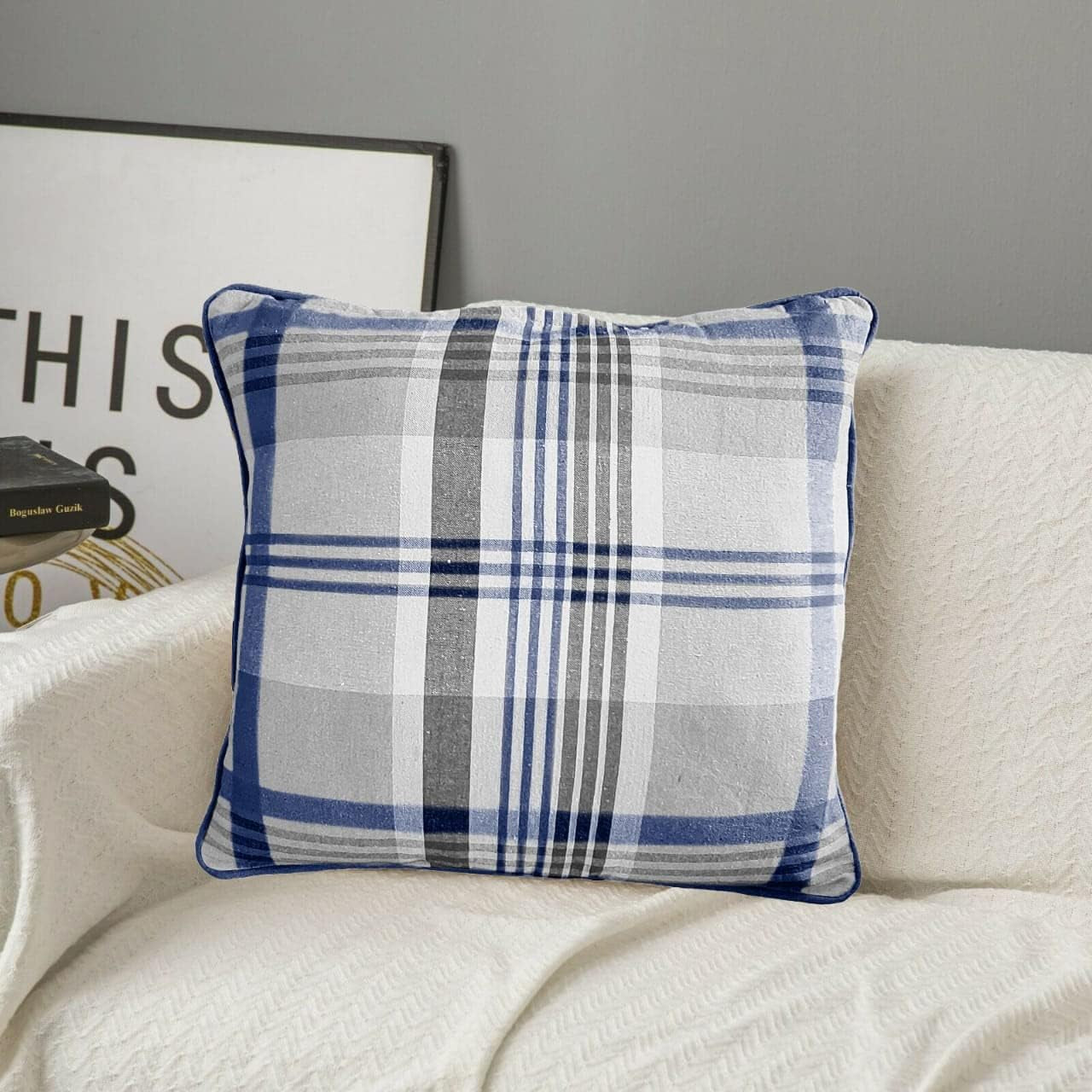 Tartan Check Plaid Design, Tartan Cushion with Covers, Cotton Tartan Scottish Checked Edge Cushion, Striped Decorative Pillowcase for Home Sofa Bedroom Living (Pack of 2) (24X24, Blue)