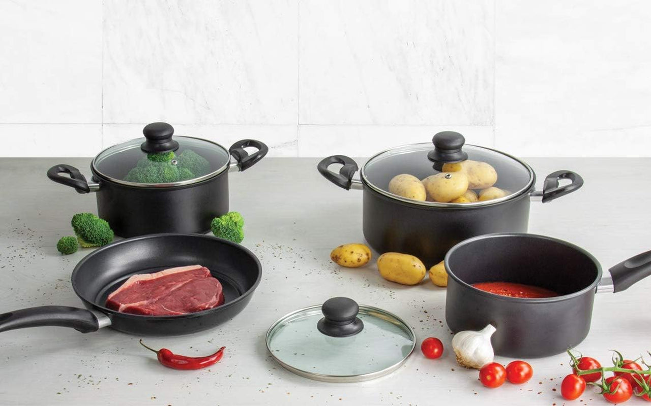 7Pcs Nonstick Cookware Set Carbon Steel Induction Pots & Pans Set with Glass Lids (Stockpots with Lid, Saucepan with Lid, Frying Pan)