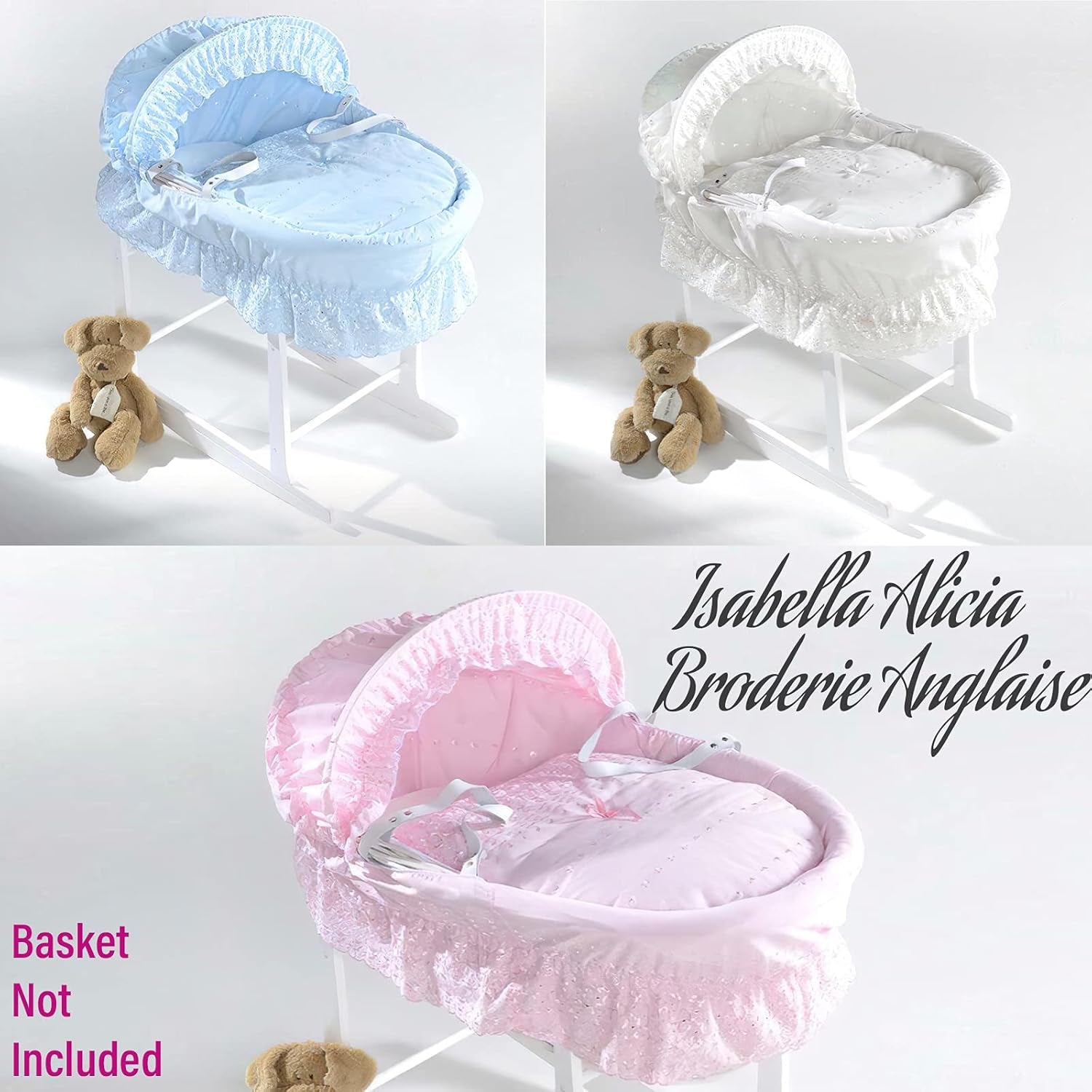 Isabella Alicia Designer Replacement Moses Basket Dressing Covers Set - Baby Broderie Anglaise Basket Spare Cover (NO MOSES BASKET) Included (Basket Side & Base Cover (Skirt) - Coverlet ) (Pink)