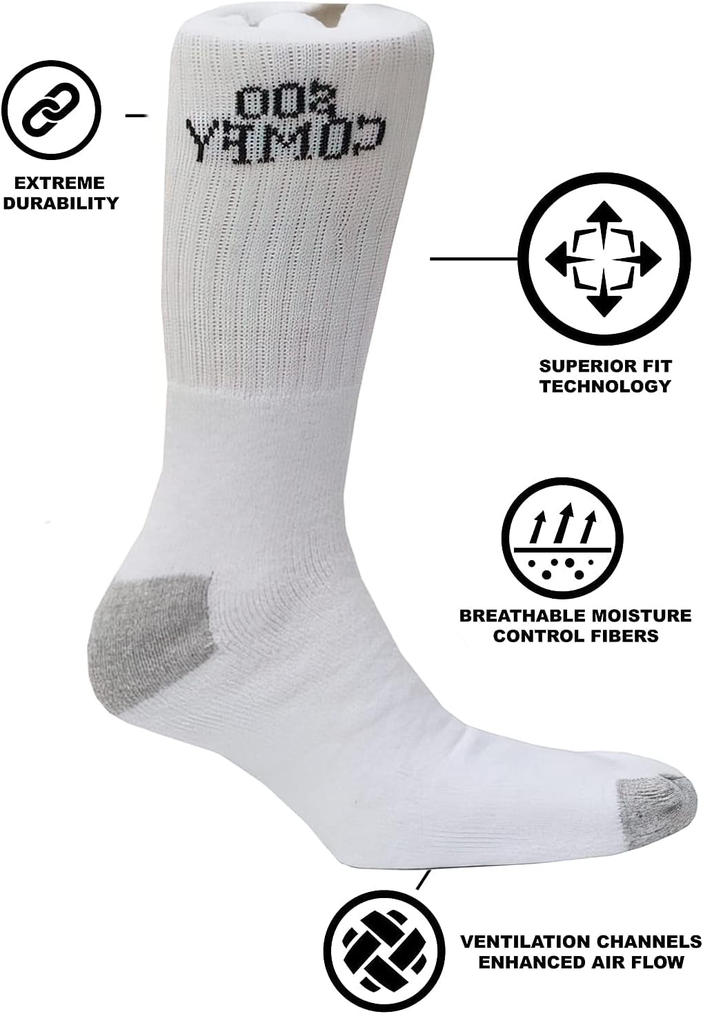 White 6 Pairs Men Sport Socks Size 6-11 Breathable Thick Cotton Cushion Crew Compression Ankle Support - Outdoor Multipack Performance Hiking Trekking Walking Athletic Socks