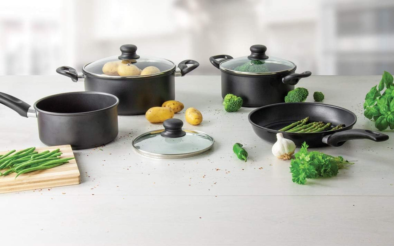 7Pcs Nonstick Cookware Set Carbon Steel Induction Pots & Pans Set with Glass Lids (Stockpots with Lid, Saucepan with Lid, Frying Pan)