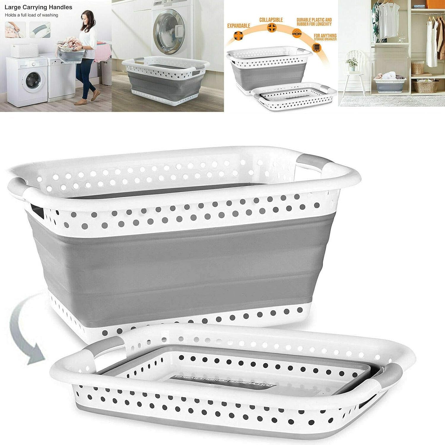 Large Collapsible Plastic Laundry Basket - Foldable Pop-Up Laundry Basket - Square Space Saving Storage Container Organizer- Portable Plastic Laundry Basket with Handles
