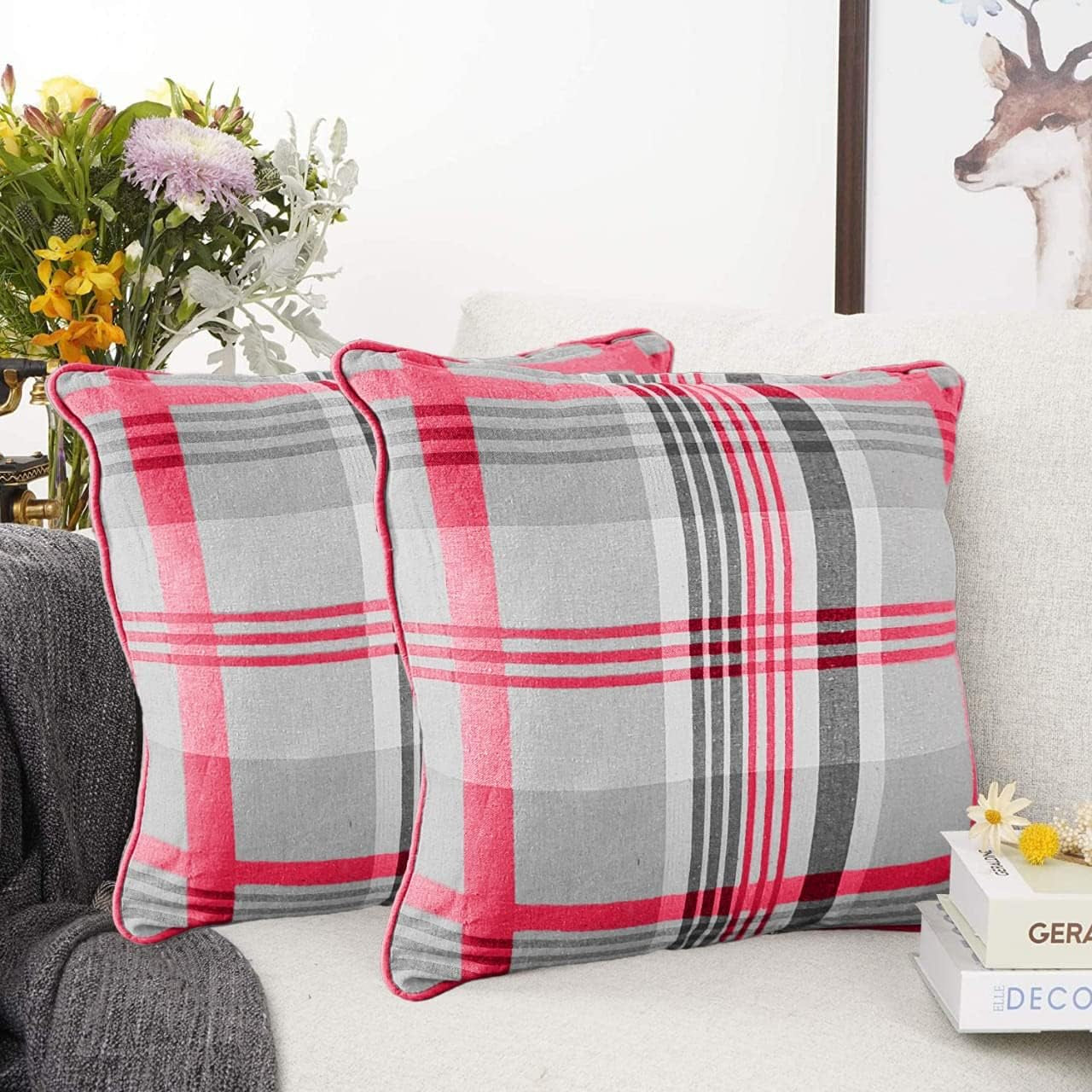 Tartan Check Plaid Design, Tartan Cushion with Covers, Cotton Tartan Scottish Checked Edge Cushion, Striped Decorative Pillowcase for Home Sofa Bedroom Living (Pack of 2) (24X24, Pink)