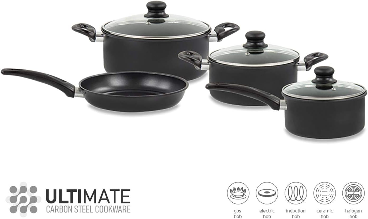 7Pcs Nonstick Cookware Set Carbon Steel Induction Pots & Pans Set with Glass Lids (Stockpots with Lid, Saucepan with Lid, Frying Pan)