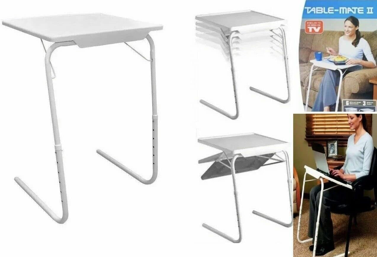 Table Mate II Tv Tray Table - Extra Wide Folding Tv Dinner Table, Couch Table Trays for Eating Snack Food, Stowaway Laptop Stand, Portable Bed Dinner Tray - Adjustable Desk with 3 Angles, White