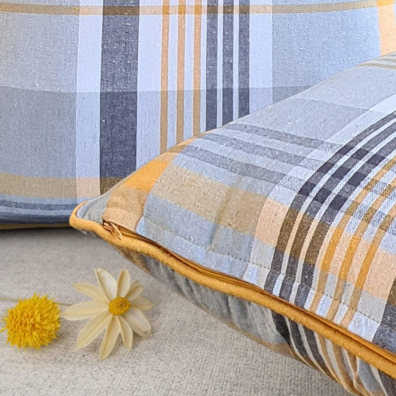 Tartan Check Plaid Design, Tartan Cushion with Covers, Cotton Tartan Scottish Checked Edge Cushion, Striped Decorative Pillowcase for Home Sofa Bedroom Living (Pack of 2) (18X18, Blue)