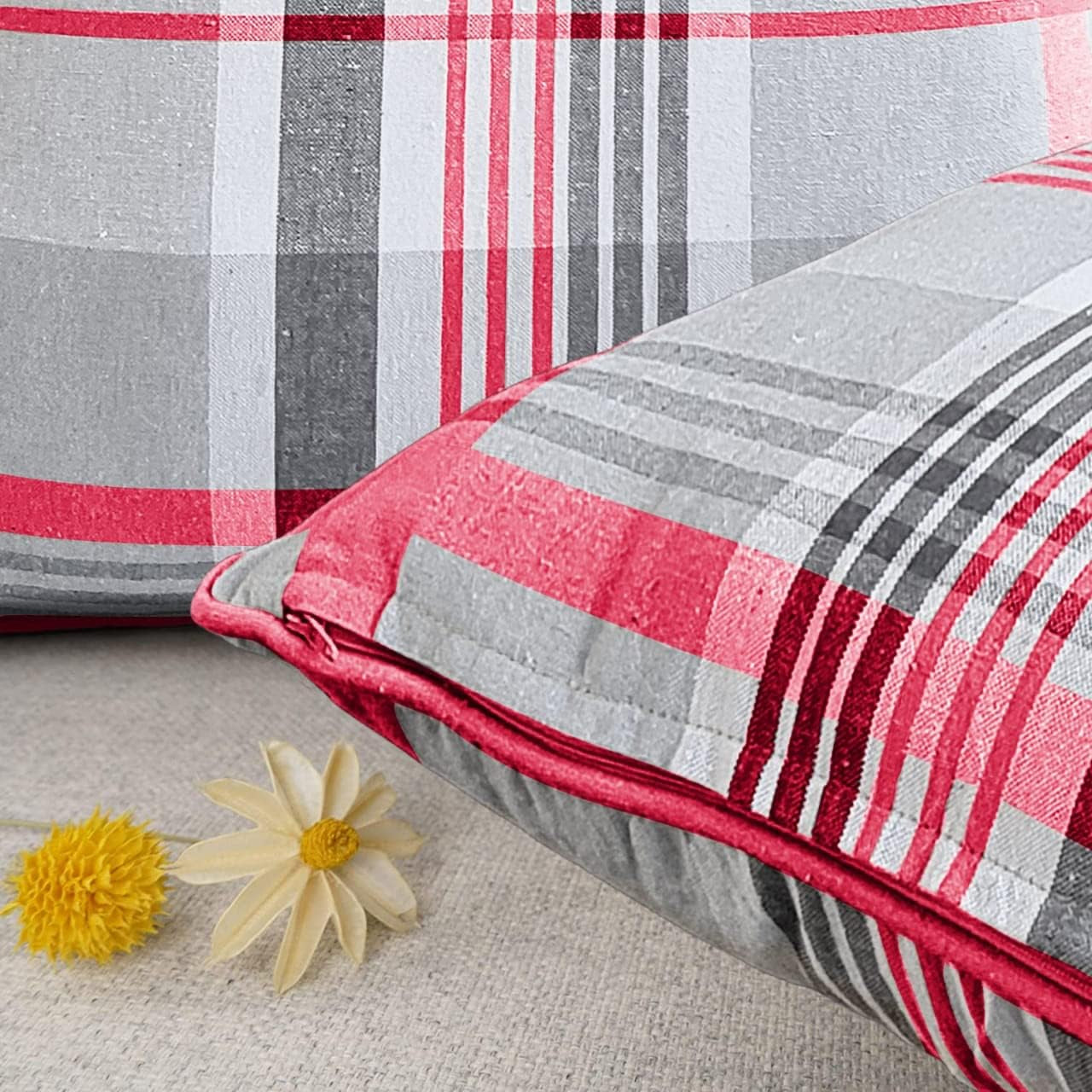 Tartan Check Plaid Design, Tartan Cushion with Covers, Cotton Tartan Scottish Checked Edge Cushion, Striped Decorative Pillowcase for Home Sofa Bedroom Living (Pack of 2) (24X24, Pink)