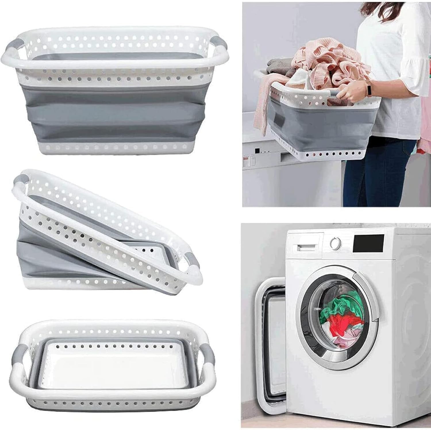 Laundry Basket Collapsible- Washing and Storage Baskets for Clothes- Foldable Laundry Hamper- Plastic Clothes Organiser- Pop up Storage Clothes Basket (Grey)