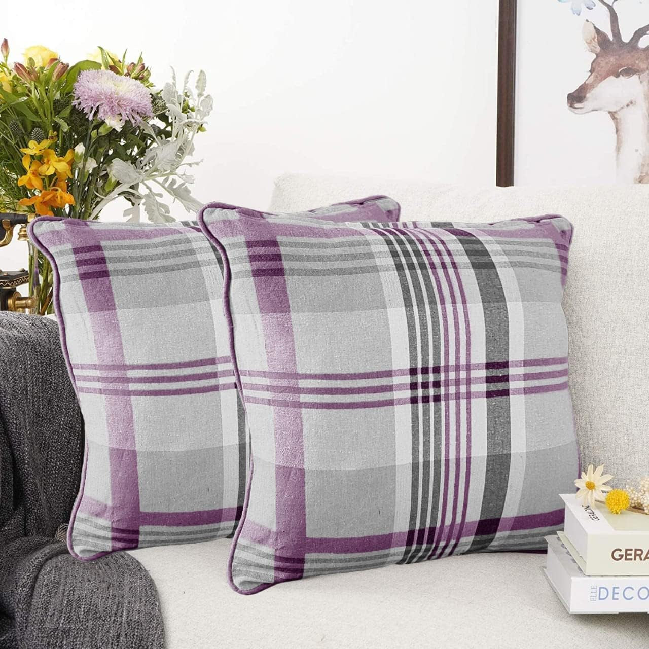 Tartan Check Plaid Design, Tartan Cushion Covers, Cotton Tartan Scottish Checked Pack of 4 Filled Edge Cushion , Striped Decorative Pillowcase for Home Sofa Bedroom Living (18X18 Inch, Purple)