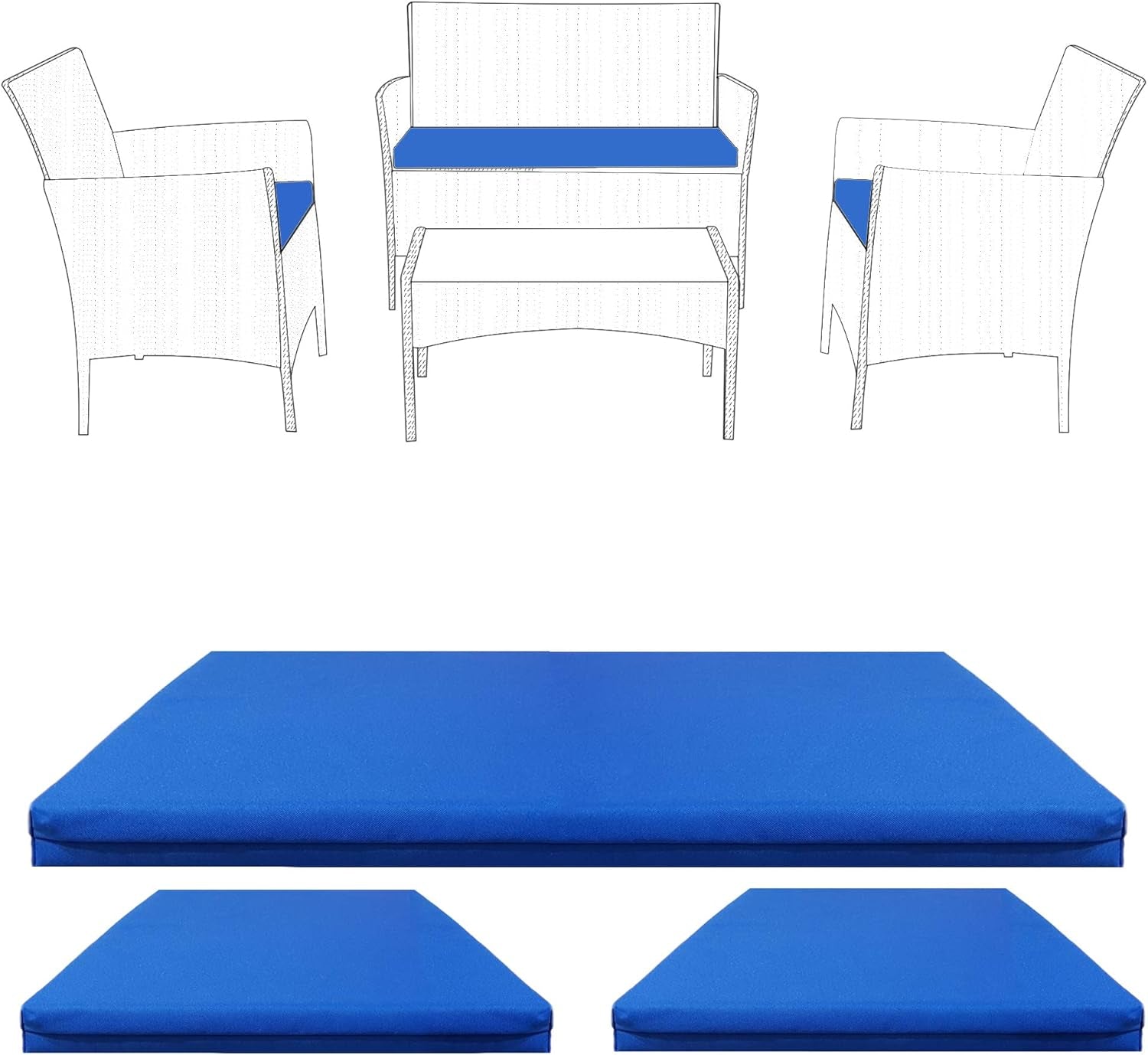 Replacement 3Pc Cushions | Outdoor Seat Cushion Pads for Rattan Furniture | Water Resistant Patio Furniture Chair Padding | Lightweight and Durable (Blue)