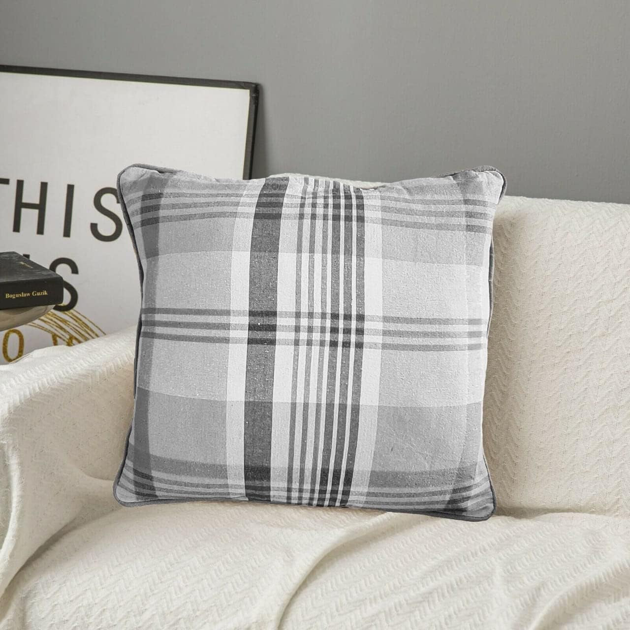 Tartan Check Plaid Design, Tartan Cushion Covers, Cotton Tartan Scottish Checked Pack of 4 Filled Edge Cushion , Striped Decorative Pillowcase for Home Sofa Bedroom Living (18X18 Inch, Purple)