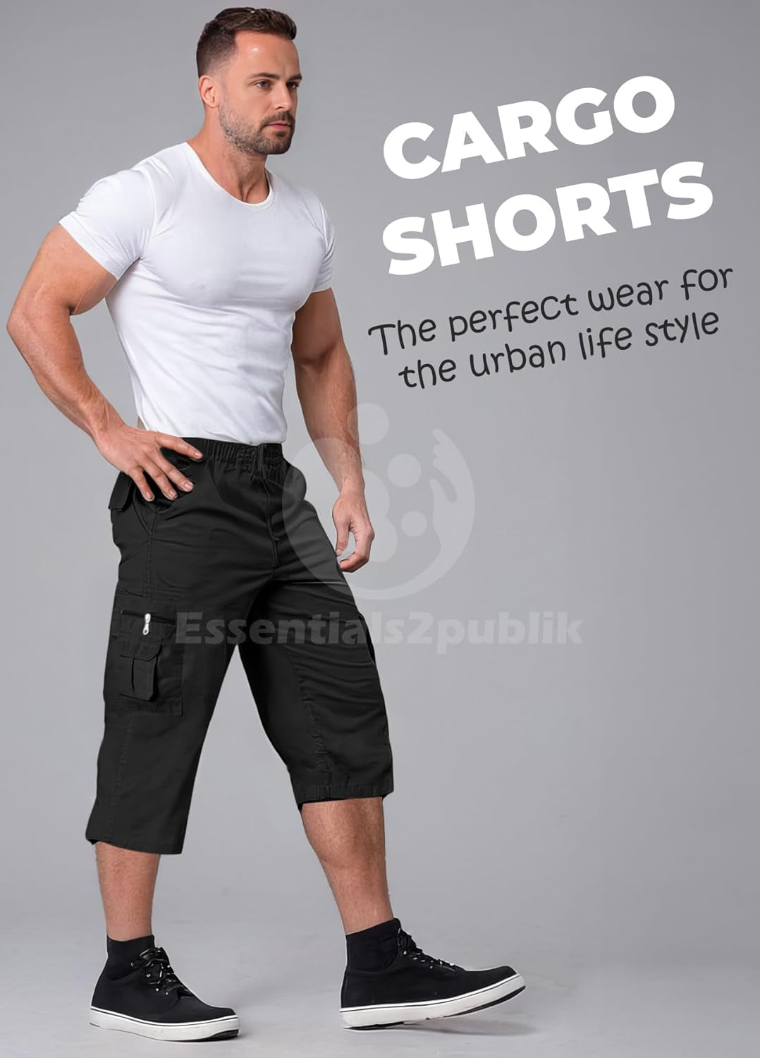 3/4 Mens Summer Long Shorts with Pockets & Elasticated Draw Cord Lightweight Cotton Cargo Walking Hiking Shorts Zip Safari Pants with Multiple Pockets