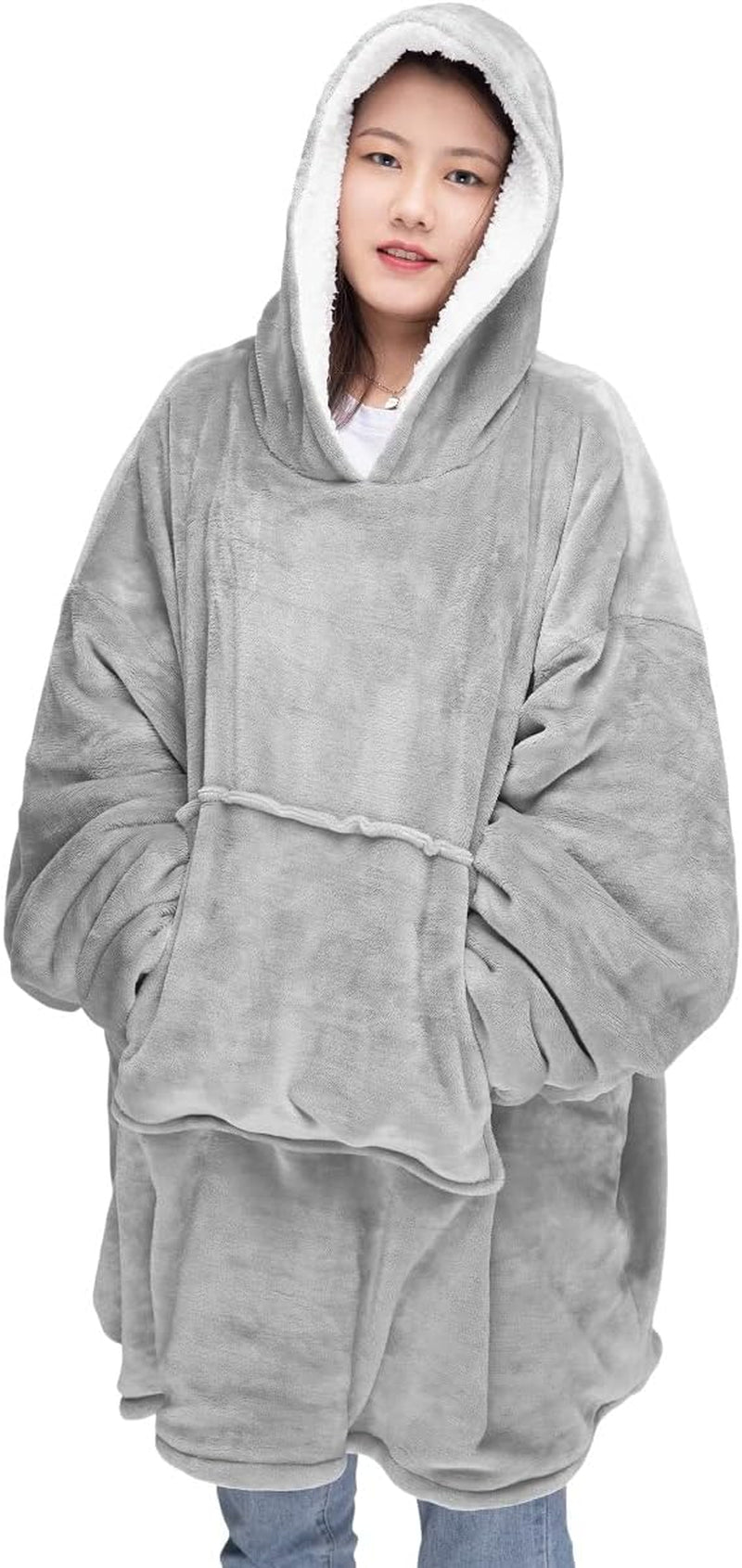 Unisex Oversized Blanket Hoodie, Wearable Hooded Soft Cozy Sherpa Fleece Snuggle Blanket Hoodie- One Size Fits All- Reversible with Pockets