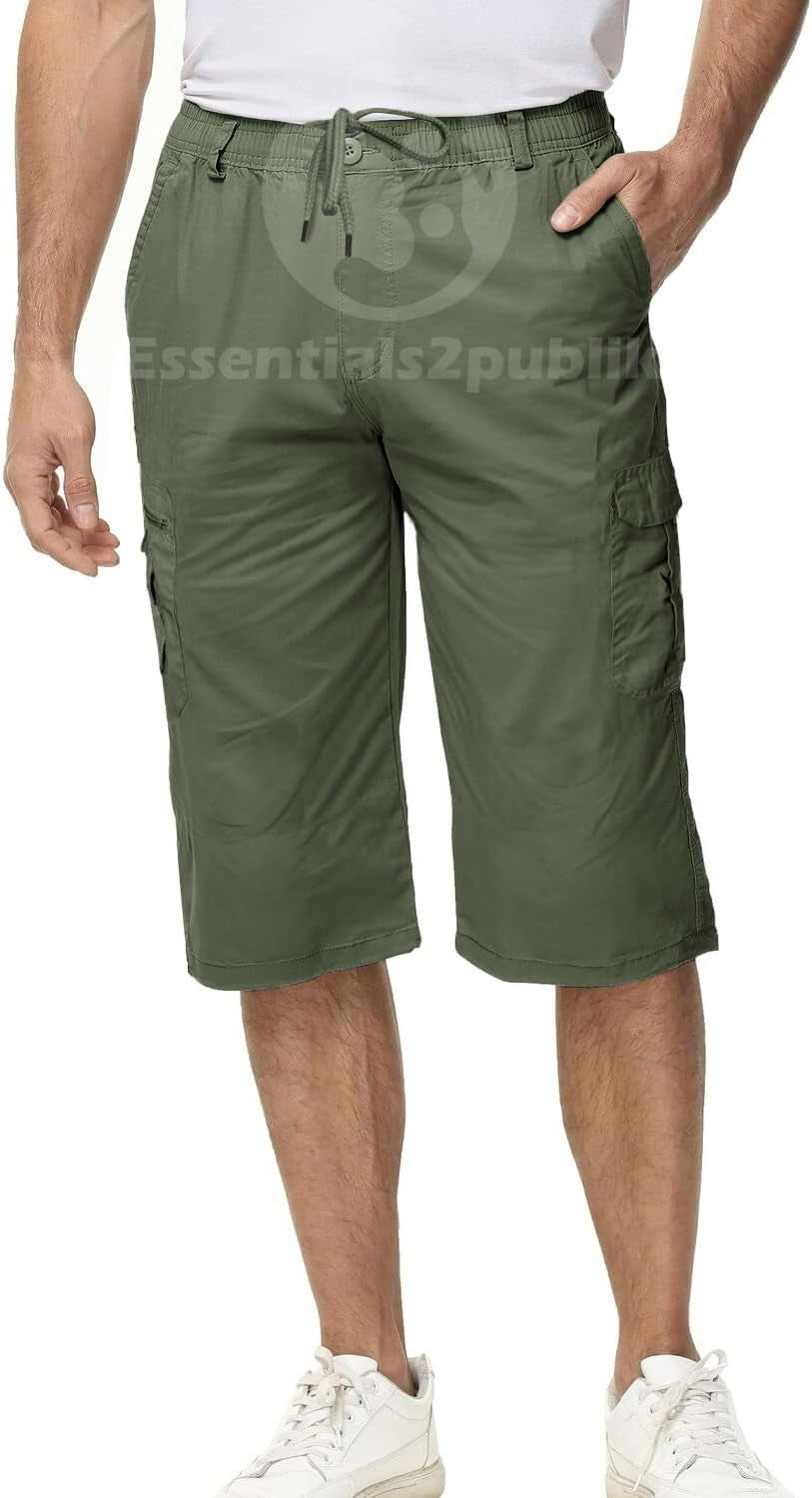 3/4 Mens Summer Long Shorts with Pockets & Elasticated Draw Cord Lightweight Cotton Cargo Walking Hiking Shorts Zip Safari Pants with Multiple Pockets