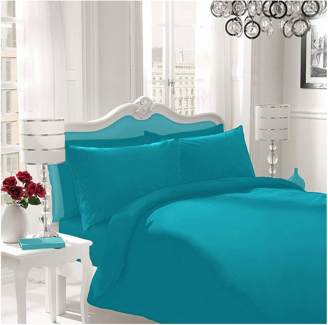 NON IRON Luxury Parcale Plain Dyed Duvet Cover & 2 Pillow Cases Bed Set (Teal, King)