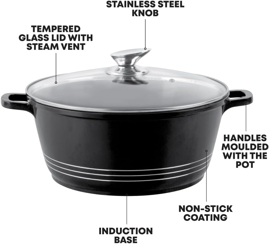 Durane Die-Cast Aluminium Stockpot Set 5Pc 3-Layer Non-Stick Coating Stew Pots Casserole Set Tempered Glass Lid with Steam Vent Induction Casserole Pan (Black)