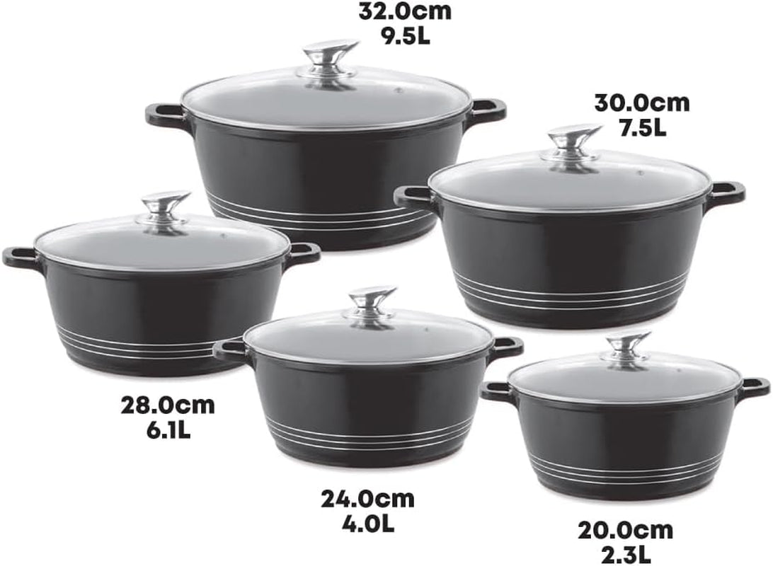 Durane Die-Cast Aluminium Stockpot Set 5Pc 3-Layer Non-Stick Coating Stew Pots Casserole Set Tempered Glass Lid with Steam Vent Induction Casserole Pan (Black)