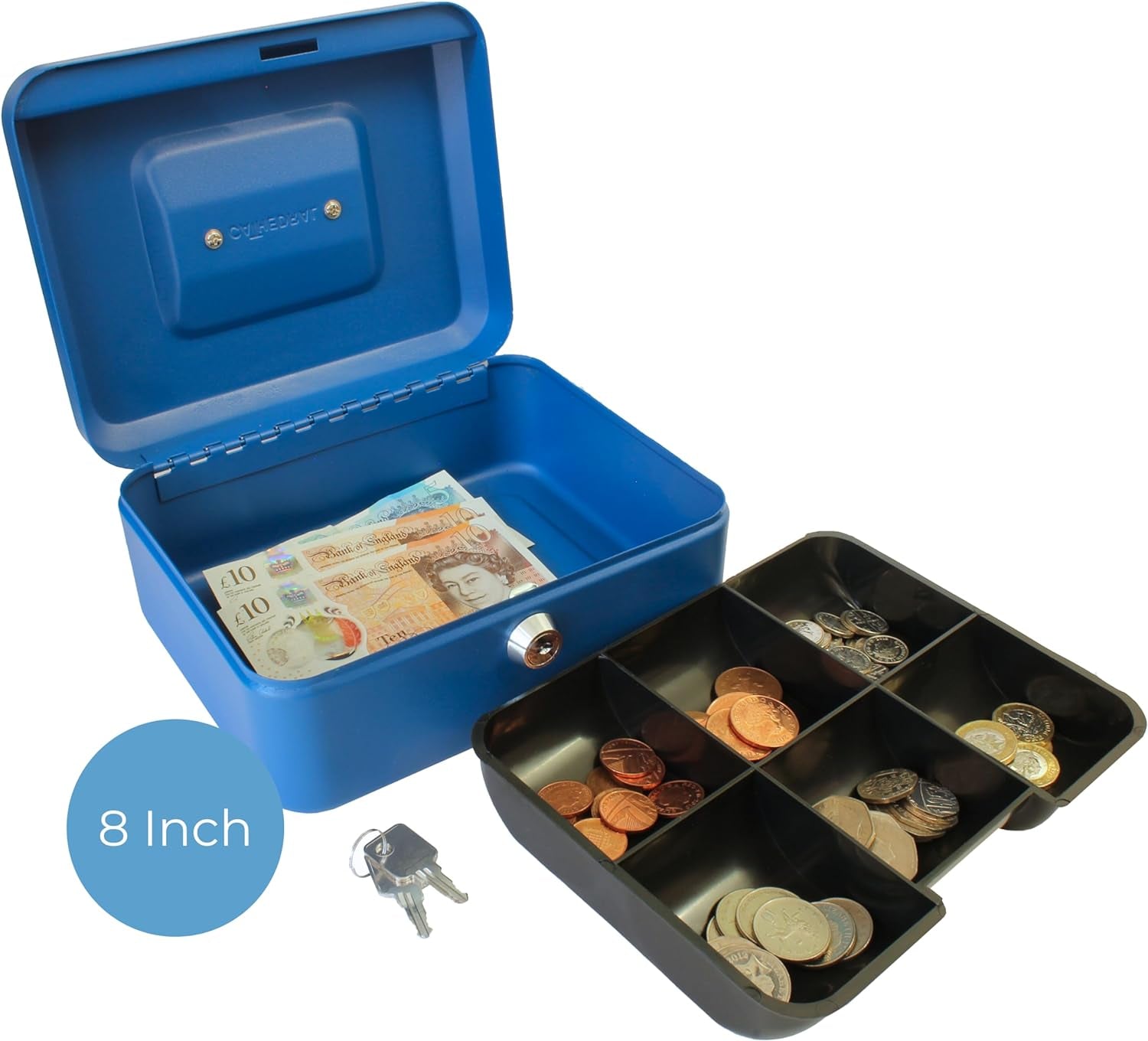 Key Lockable Cash Box with Lift Out 6 Compartment Coin Tray - 8 Inch - Blue