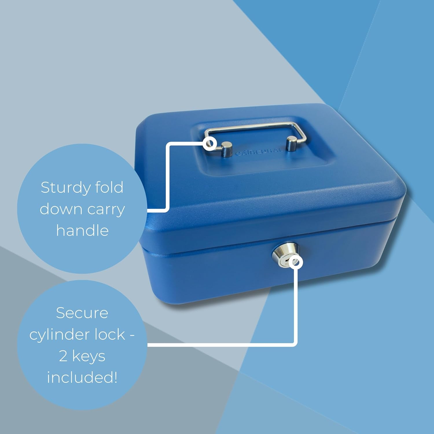 Key Lockable Cash Box with Lift Out 6 Compartment Coin Tray - 8 Inch - Blue