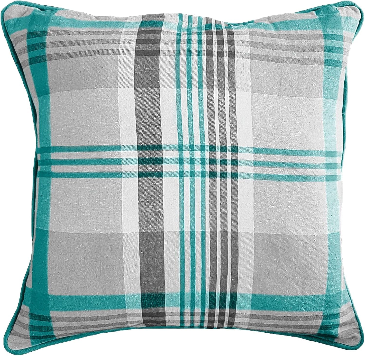 Tartan Check Plaid Design, Tartan Cushion with Covers, Cotton Tartan Scottish Checked Edge Cushion, Striped Decorative Pillowcase for Home Sofa Bedroom Living (Pack of 2) (18X18, Teal)