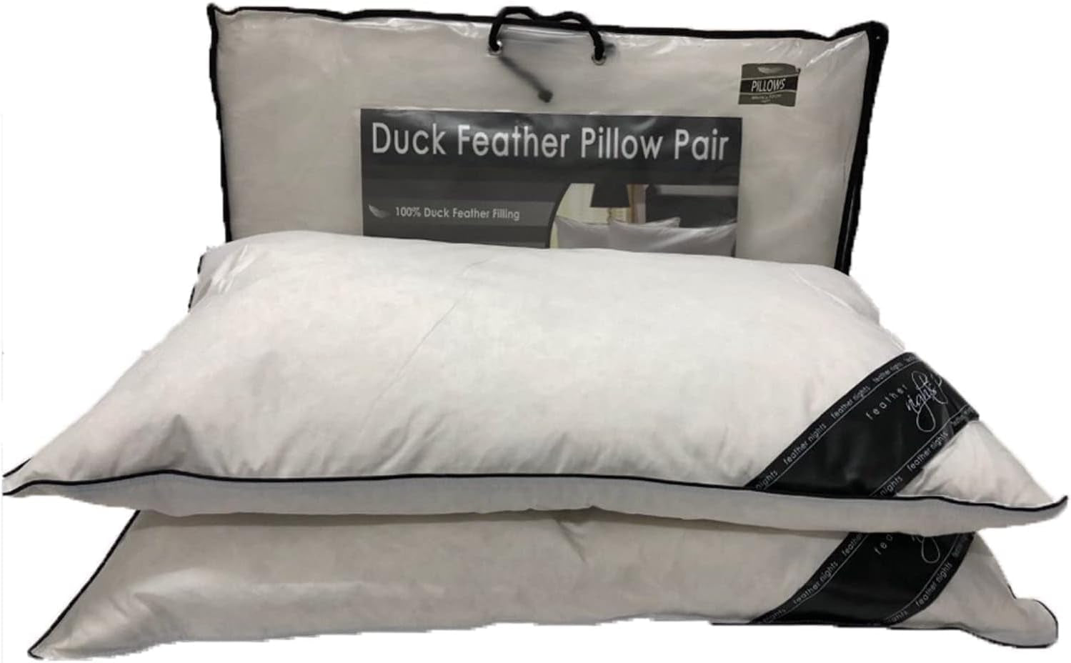 Hotel Quality 100% Duck Feather Pillow Pair Soft Extra Filling Pillow Available in 1 Pack of 2 Pillows or 1Pk of 4 Pillows