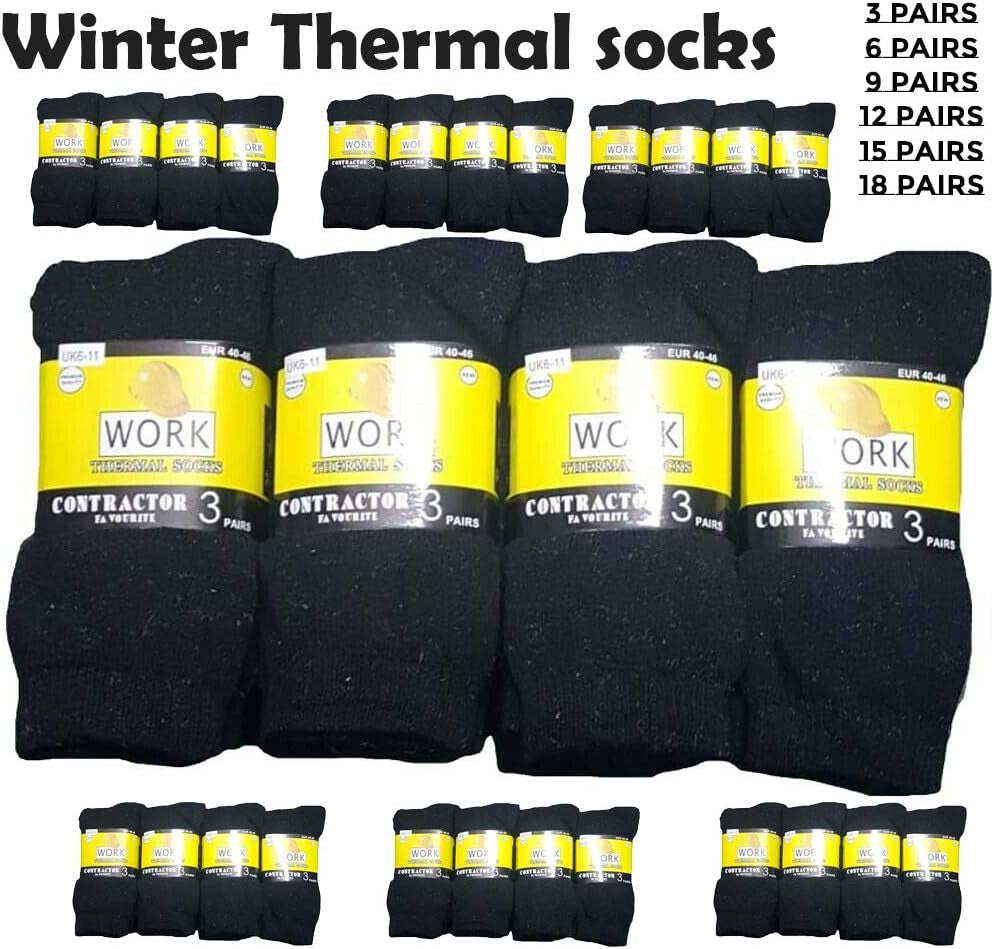 3-18 Pairs Work Socks Work Thermal Socks Contractor Favourite Mens Thermal Winter Warm Thick Contrast Heel Toe 6-12 (6 Pairs)