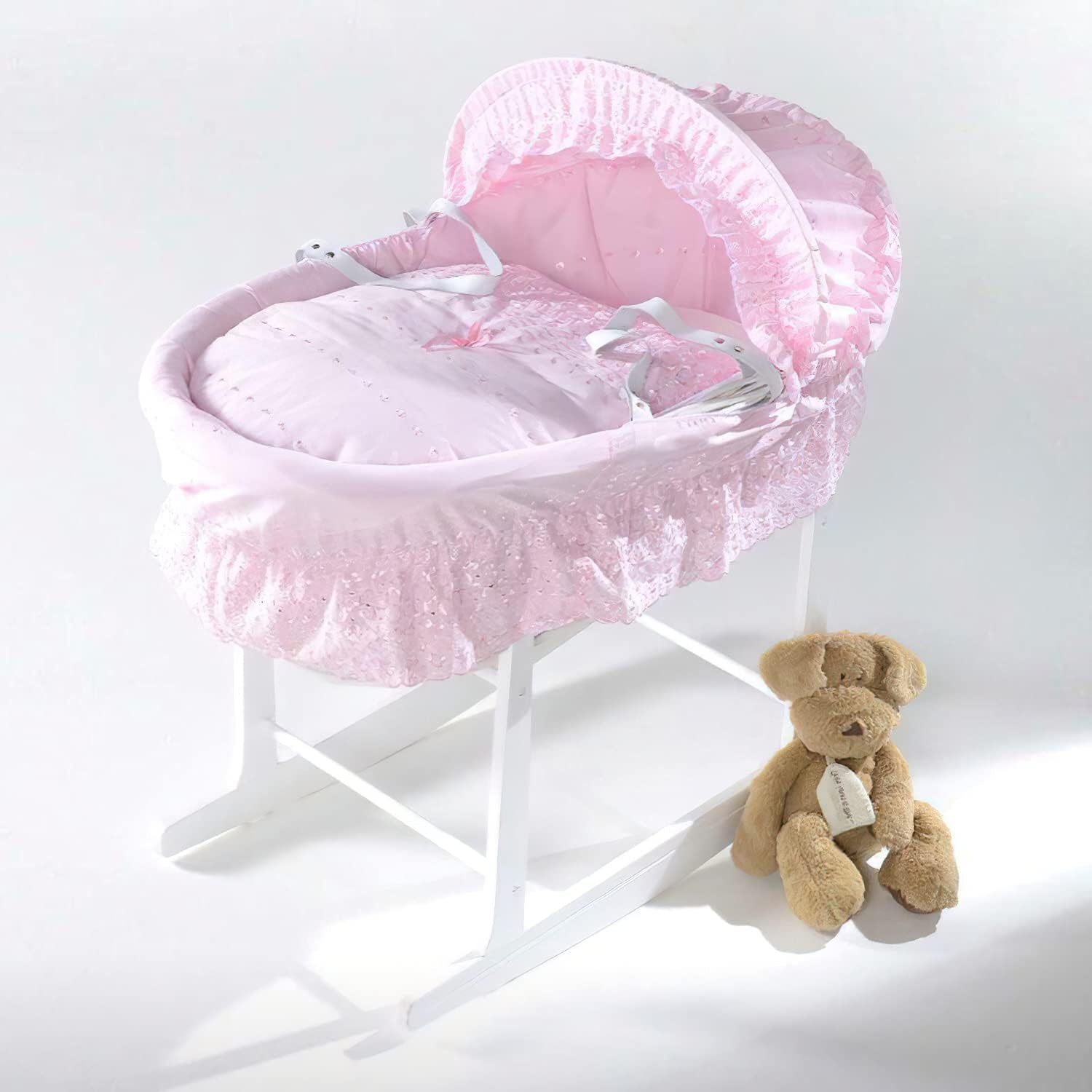 Isabella Alicia Designer Replacement Moses Basket Dressing Covers Set - Baby Broderie Anglaise Basket Spare Cover (NO MOSES BASKET) Included (Basket Side & Base Cover (Skirt) - Coverlet ) (Pink)