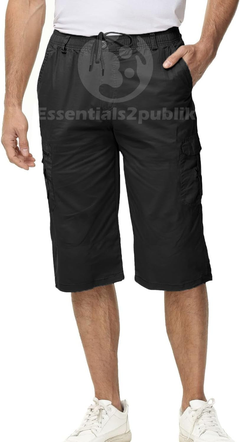 3/4 Mens Summer Long Shorts with Pockets & Elasticated Draw Cord Lightweight Cotton Cargo Walking Hiking Shorts Zip Safari Pants with Multiple Pockets