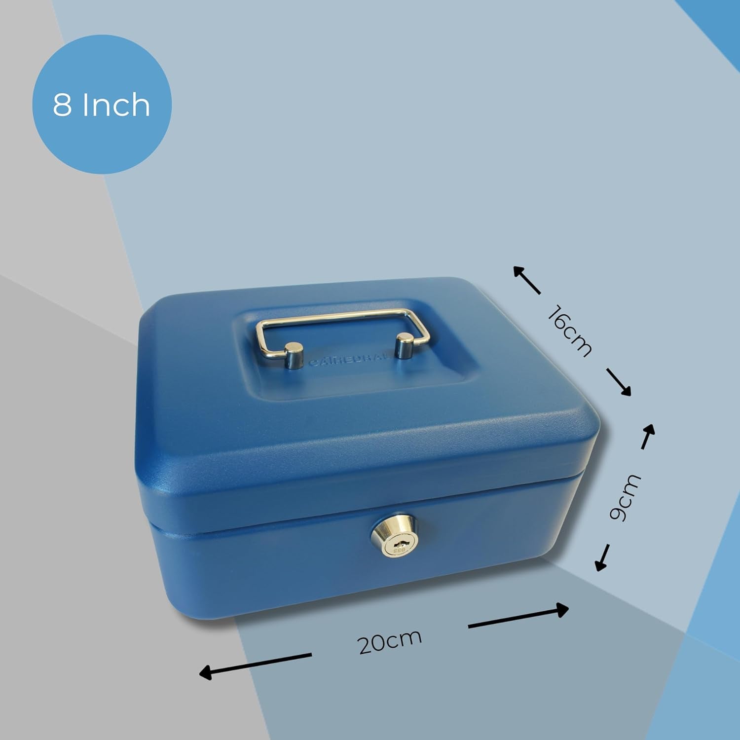 Key Lockable Cash Box with Lift Out 6 Compartment Coin Tray - 8 Inch - Blue