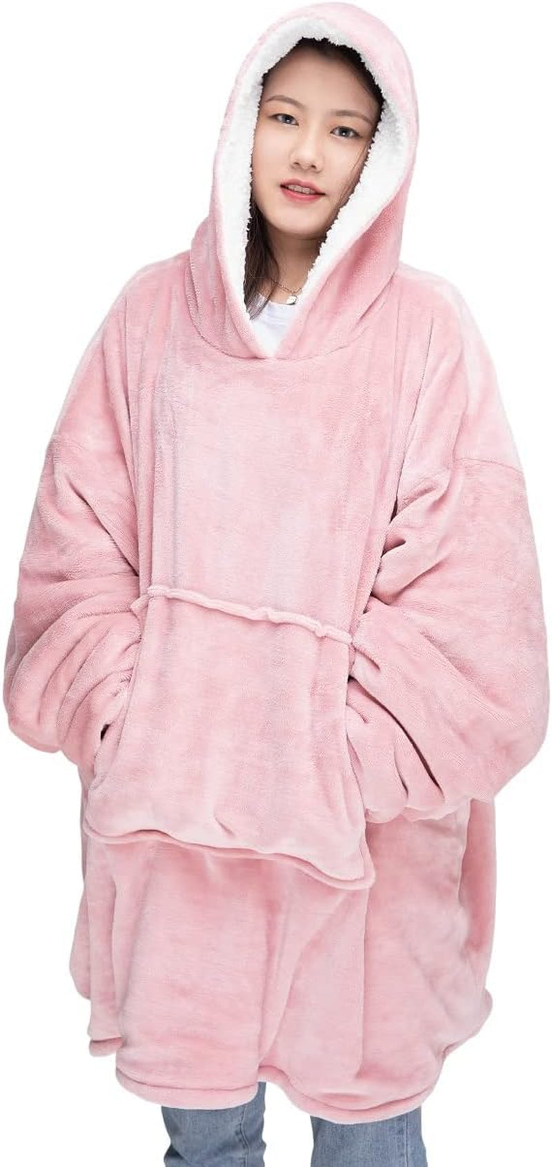 Unisex Oversized Blanket Hoodie, Wearable Hooded Soft Cozy Sherpa Fleece Snuggle Blanket Hoodie- One Size Fits All- Reversible with Pockets