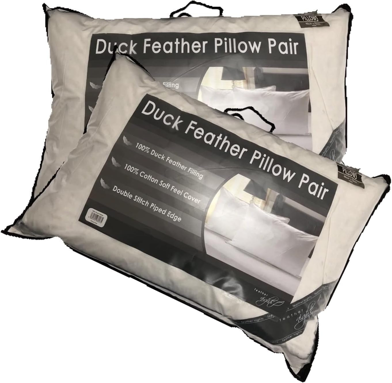 Hotel Quality 100% Duck Feather Pillow Pair Soft Extra Filling Pillow Available in 1 Pack of 2 Pillows or 1Pk of 4 Pillows