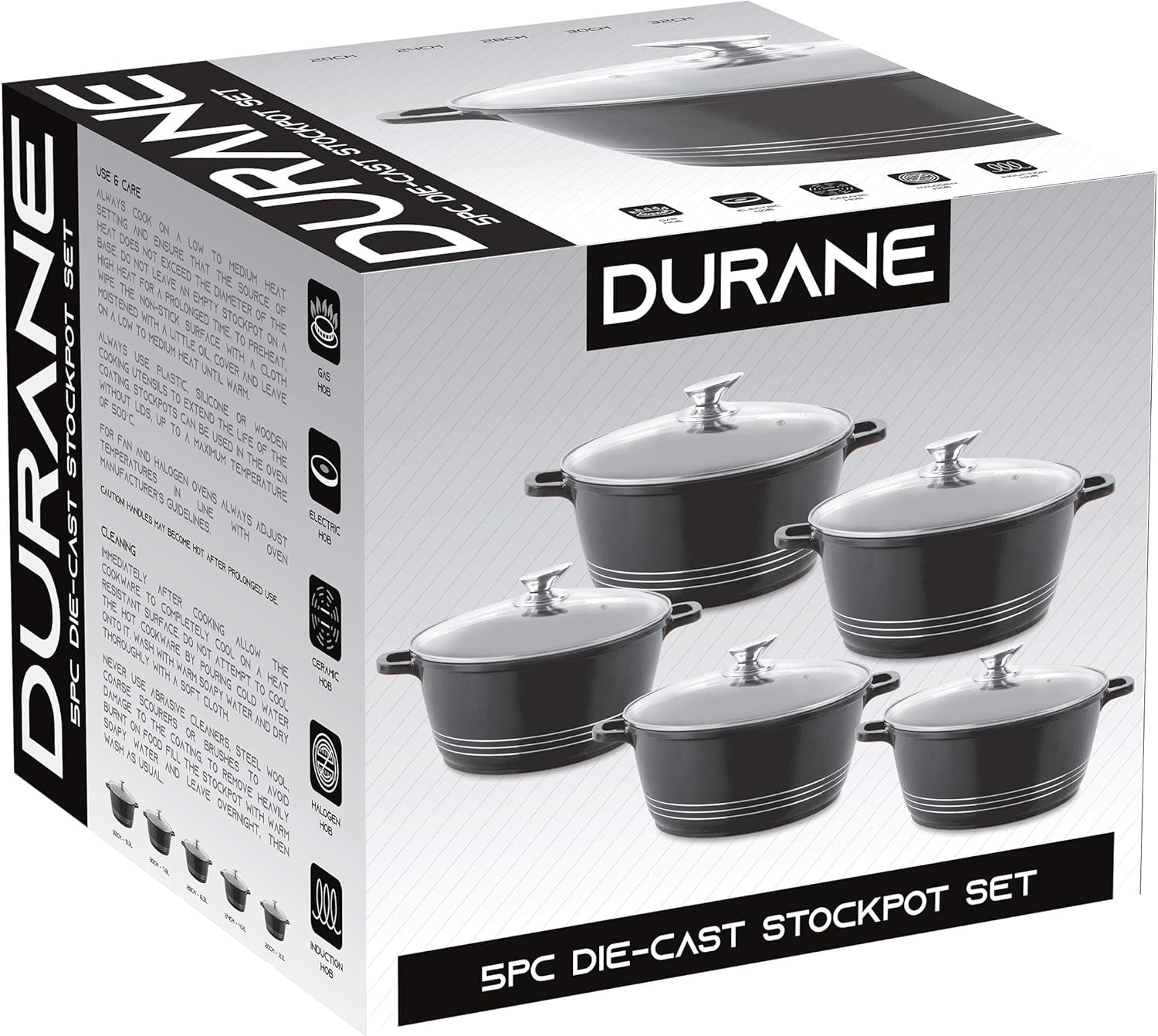 Durane Die-Cast Aluminium Stockpot Set 5Pc 3-Layer Non-Stick Coating Stew Pots Casserole Set Tempered Glass Lid with Steam Vent Induction Casserole Pan (Black)