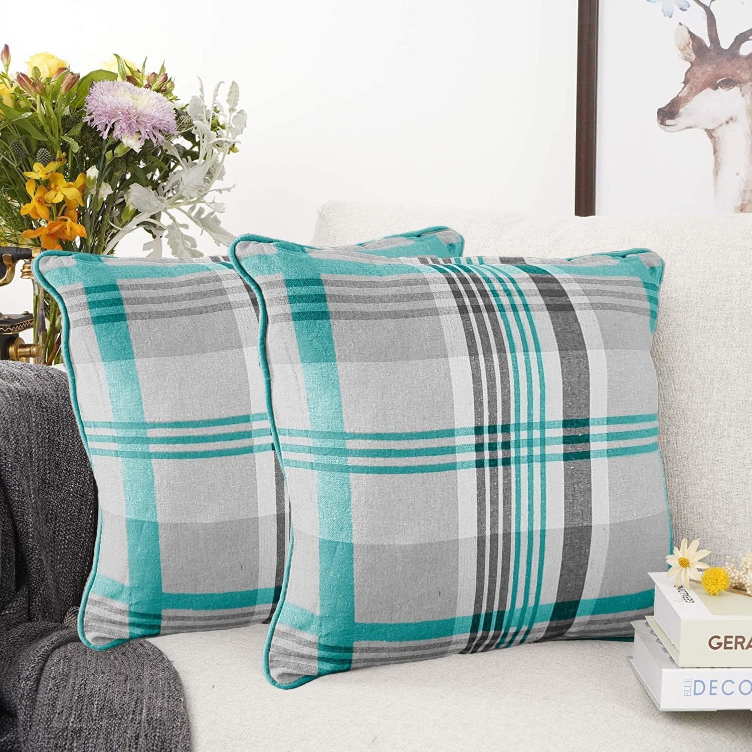 Tartan Check Plaid Design, Tartan Cushion with Covers, Cotton Tartan Scottish Checked Edge Cushion, Striped Decorative Pillowcase for Home Sofa Bedroom Living (Pack of 2) (18X18, Teal)