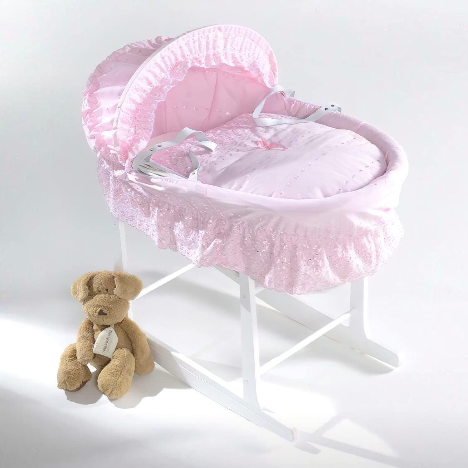 Isabella Alicia Designer Replacement Moses Basket Dressing Covers Set - Baby Broderie Anglaise Basket Spare Cover (NO MOSES BASKET) Included (Basket Side & Base Cover (Skirt) - Coverlet ) (Pink)