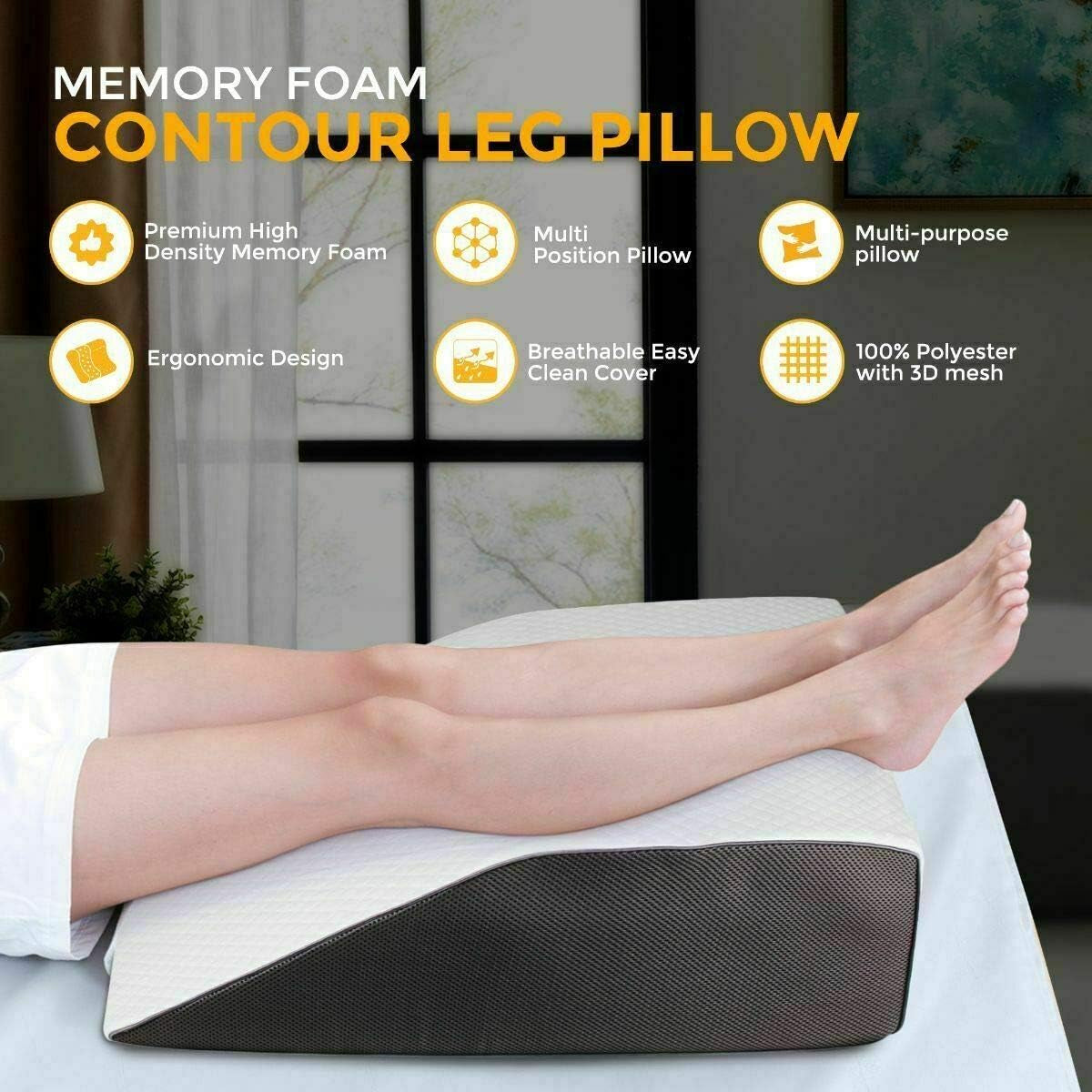 Leg Elevation Pillow with Full Memory Foam Top, Leg Rest Elevating Foam Wedge Relieves and Recovers Foot and Ankle Injury, Leg Pain, Hip and Knee Pain, Improves Blood Circulation (White/Grey)