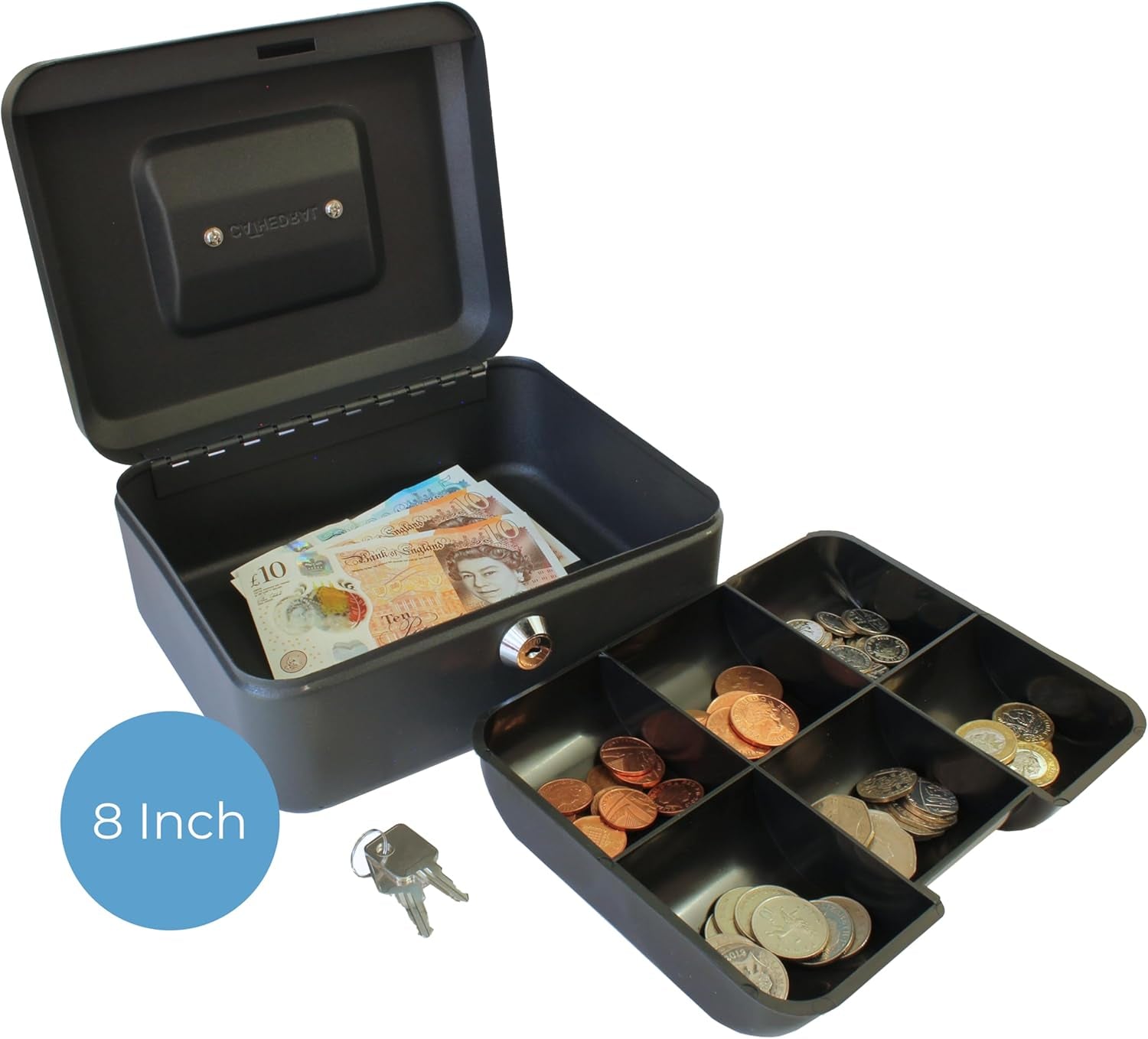 Key Lockable Cash Box with Lift Out 6 Compartment Coin Tray - 8 Inch - Black