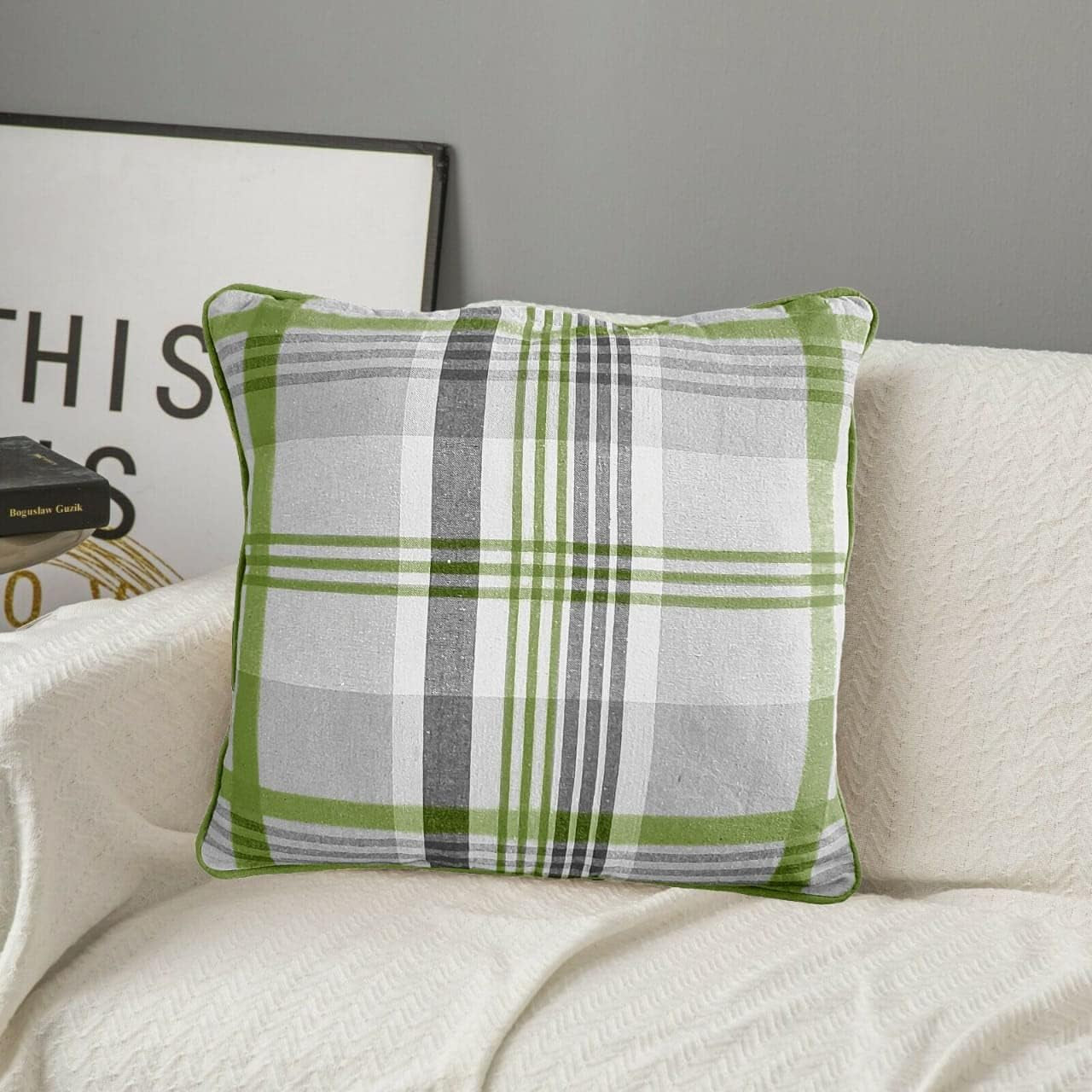 Tartan Check Plaid Design, Tartan Cushion Covers, Cotton Tartan Scottish Checked Pack of 4 Filled Edge Cushion , Striped Decorative Pillowcase for Home Sofa Bedroom Living (18X18 Inch, Purple)