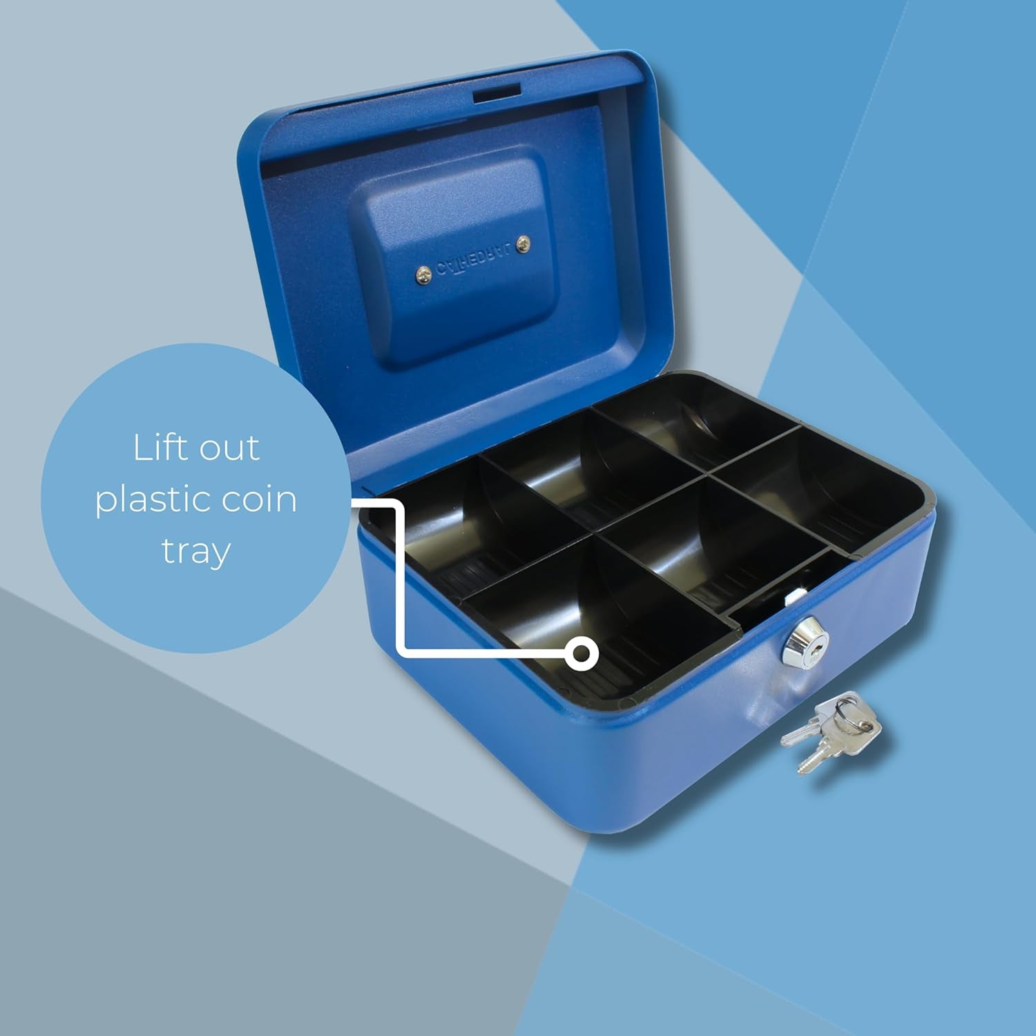 Key Lockable Cash Box with Lift Out 6 Compartment Coin Tray - 8 Inch - Blue