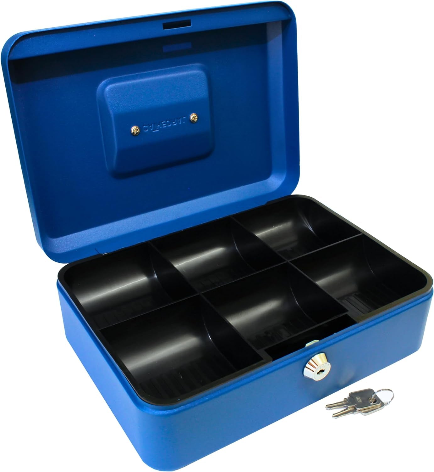 Key Lockable Cash Box with Lift Out 6 Compartment Coin Tray - 8 Inch - Blue