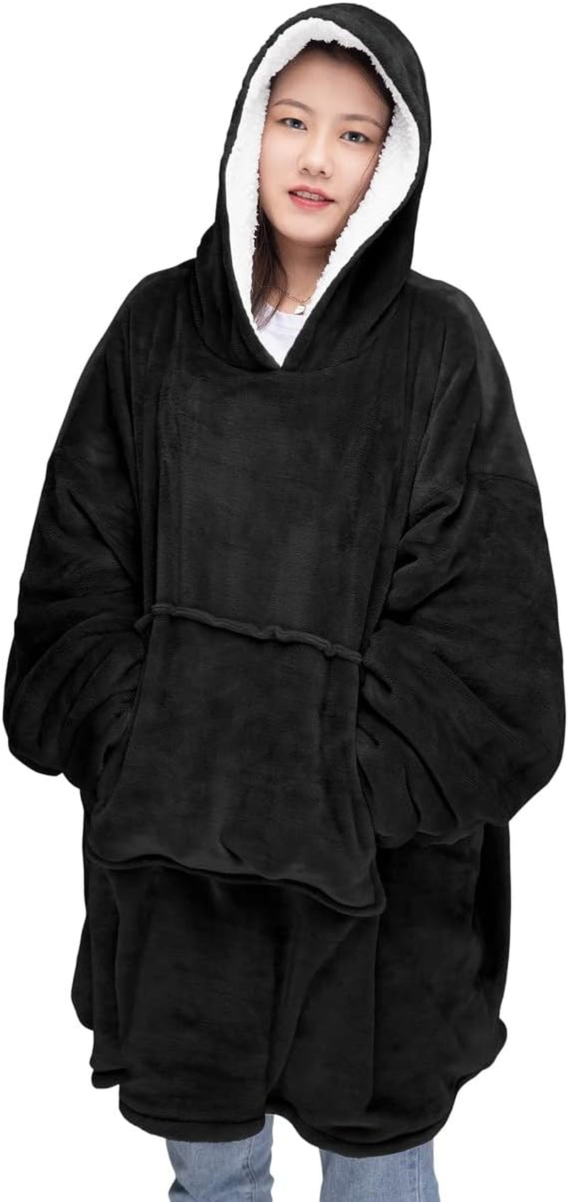 Unisex Oversized Blanket Hoodie, Wearable Hooded Soft Cozy Sherpa Fleece Snuggle Blanket Hoodie- One Size Fits All- Reversible with Pockets